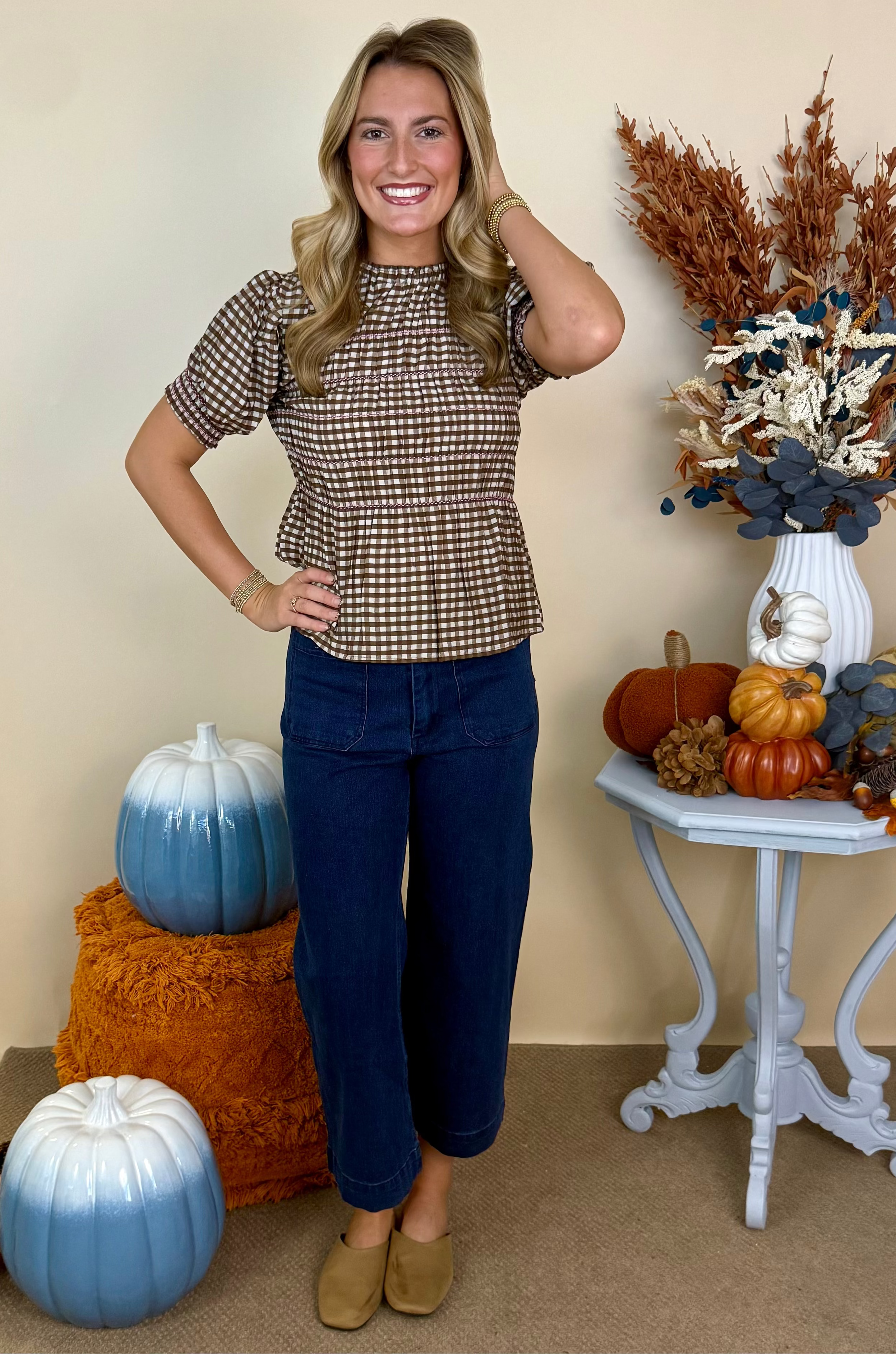 Main Character Brown Plaid Smocked Puff Sleeve Top-Shop-Womens-Boutique-Clothing