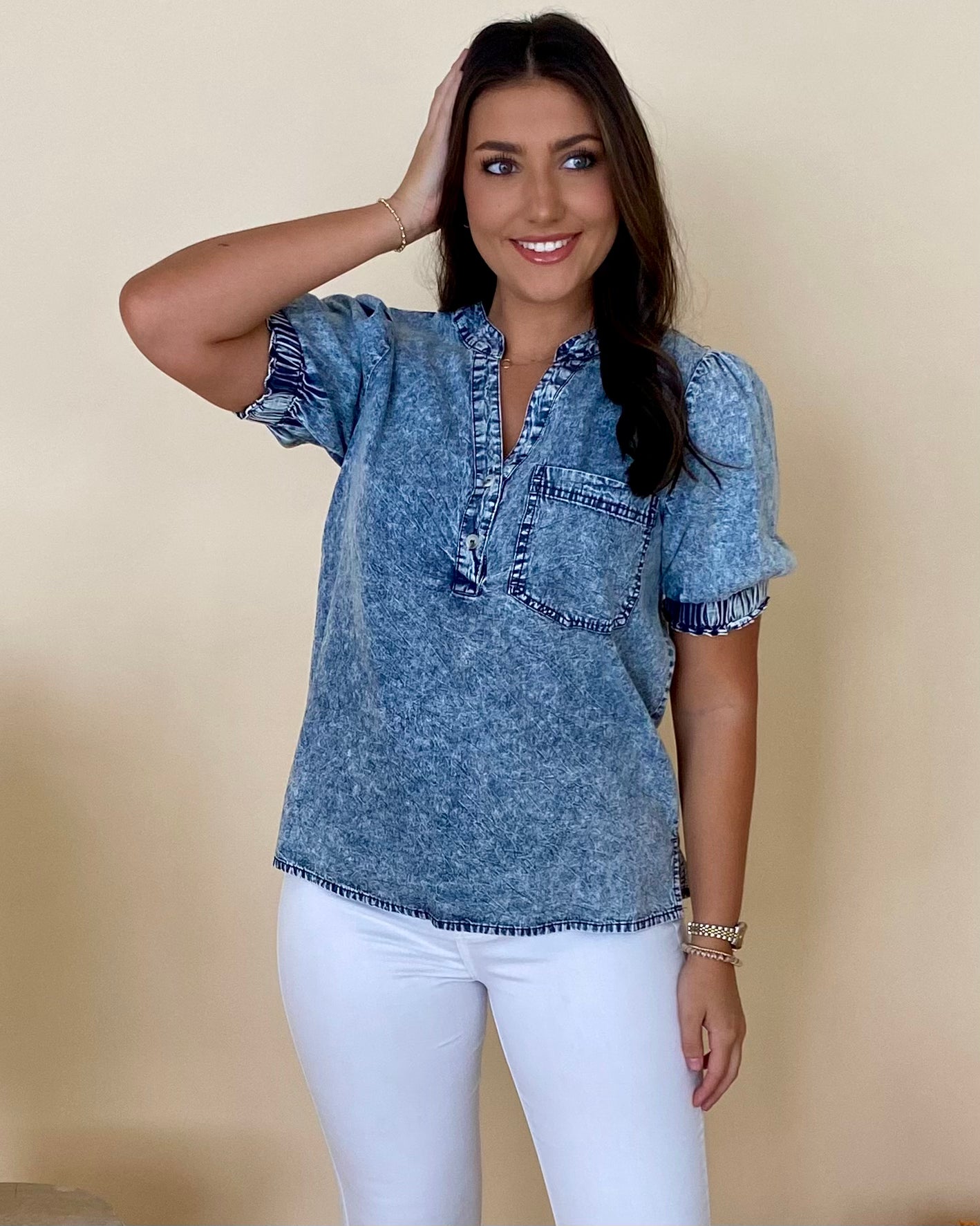 Going Good Denim V Neck Top-Shop-Womens-Boutique-Clothing