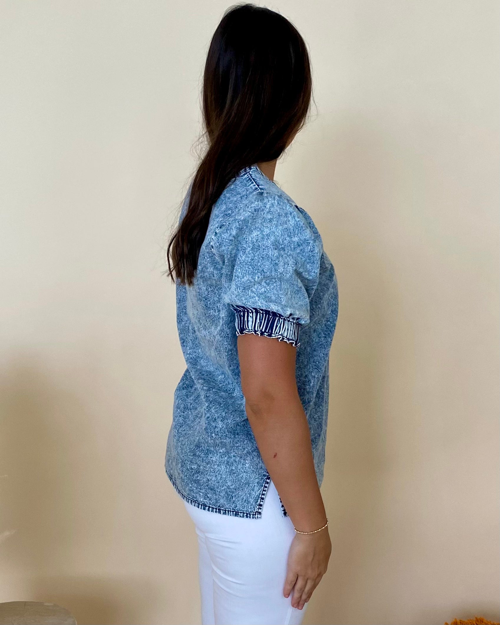 Going Good Denim V Neck Top-Shop-Womens-Boutique-Clothing