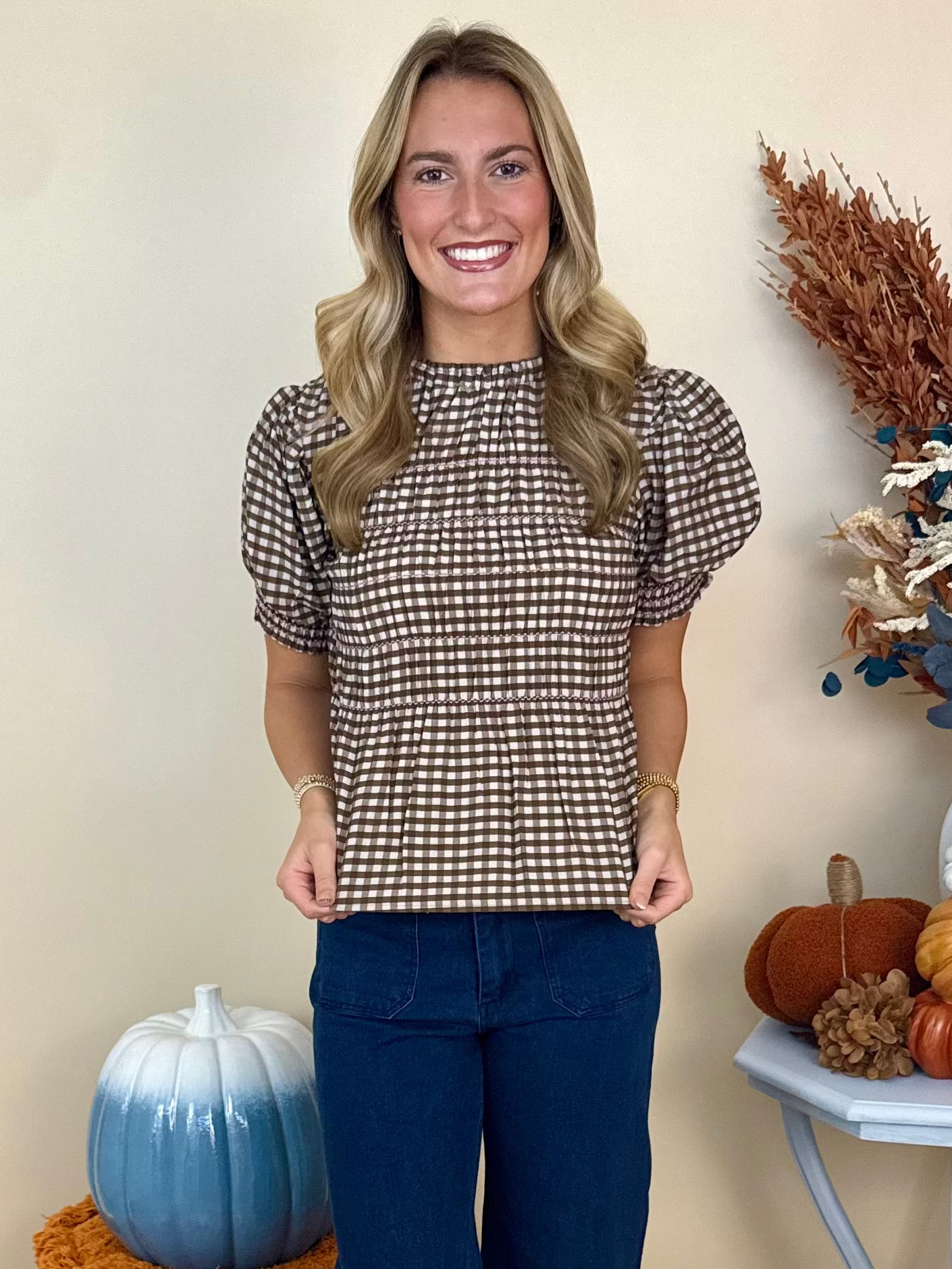 Main Character Brown Plaid Smocked Puff Sleeve Top-Shop-Womens-Boutique-Clothing