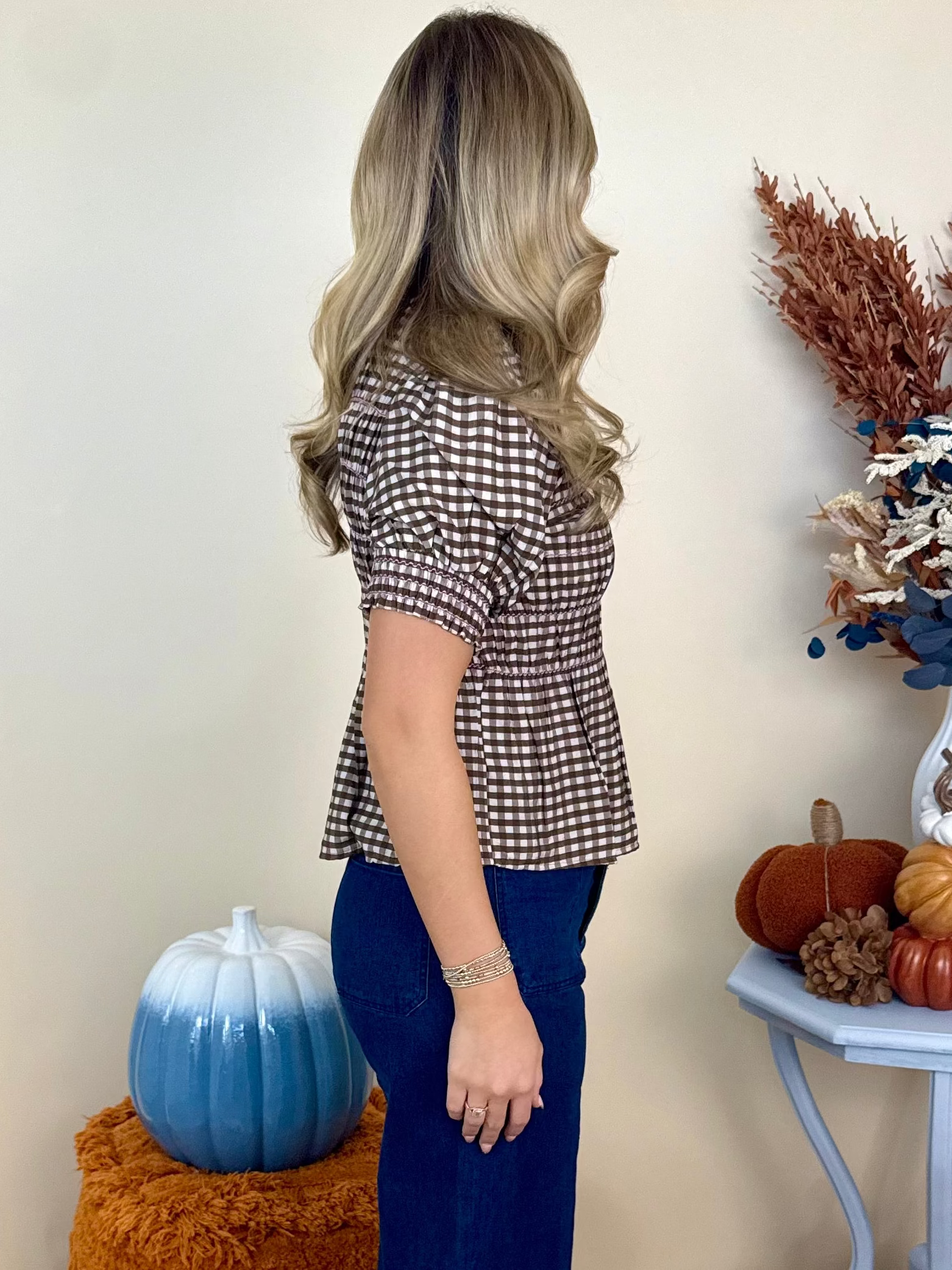 Main Character Brown Plaid Smocked Puff Sleeve Top-Shop-Womens-Boutique-Clothing