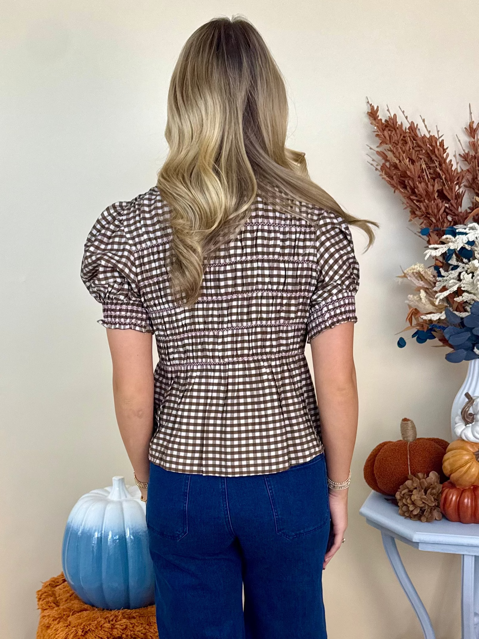 Main Character Brown Plaid Smocked Puff Sleeve Top-Shop-Womens-Boutique-Clothing