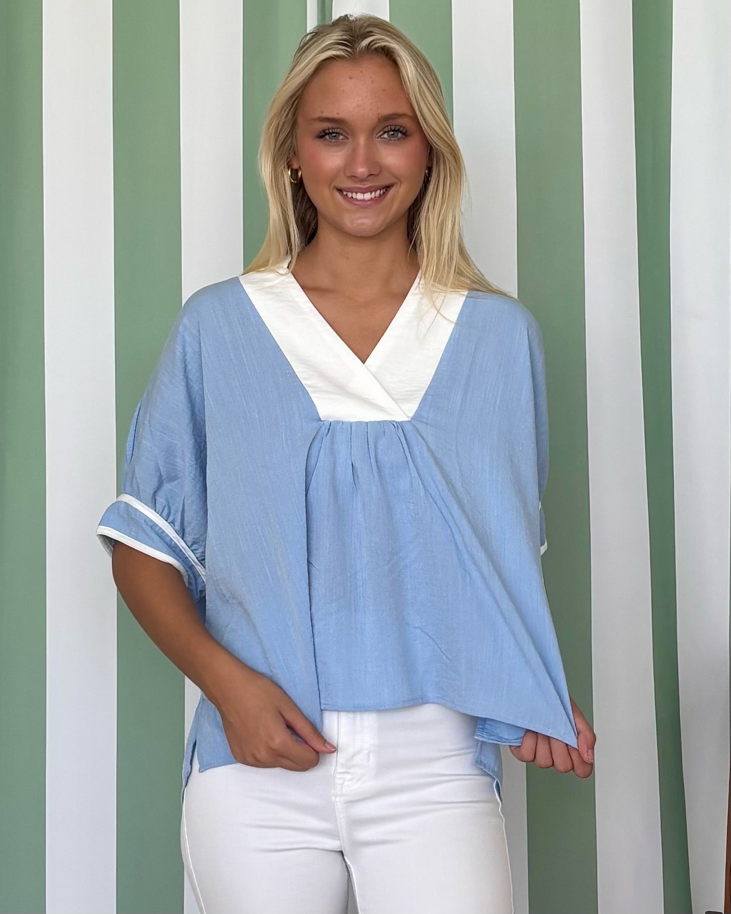 Push Through Blue 3/4 Sleeve Collared Top-Shop-Womens-Boutique-Clothing