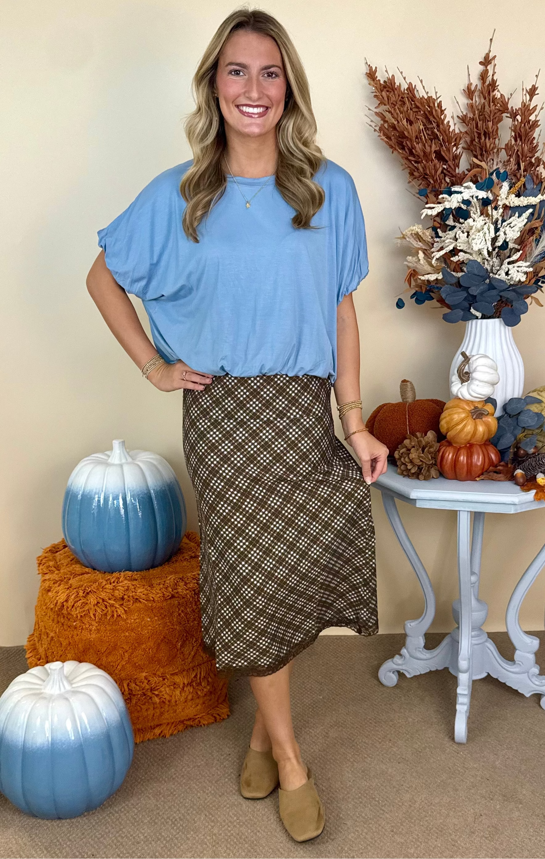 Best Dressed Slate Blue Bamboo Bubble Sleeve/Hem Top-Shop-Womens-Boutique-Clothing