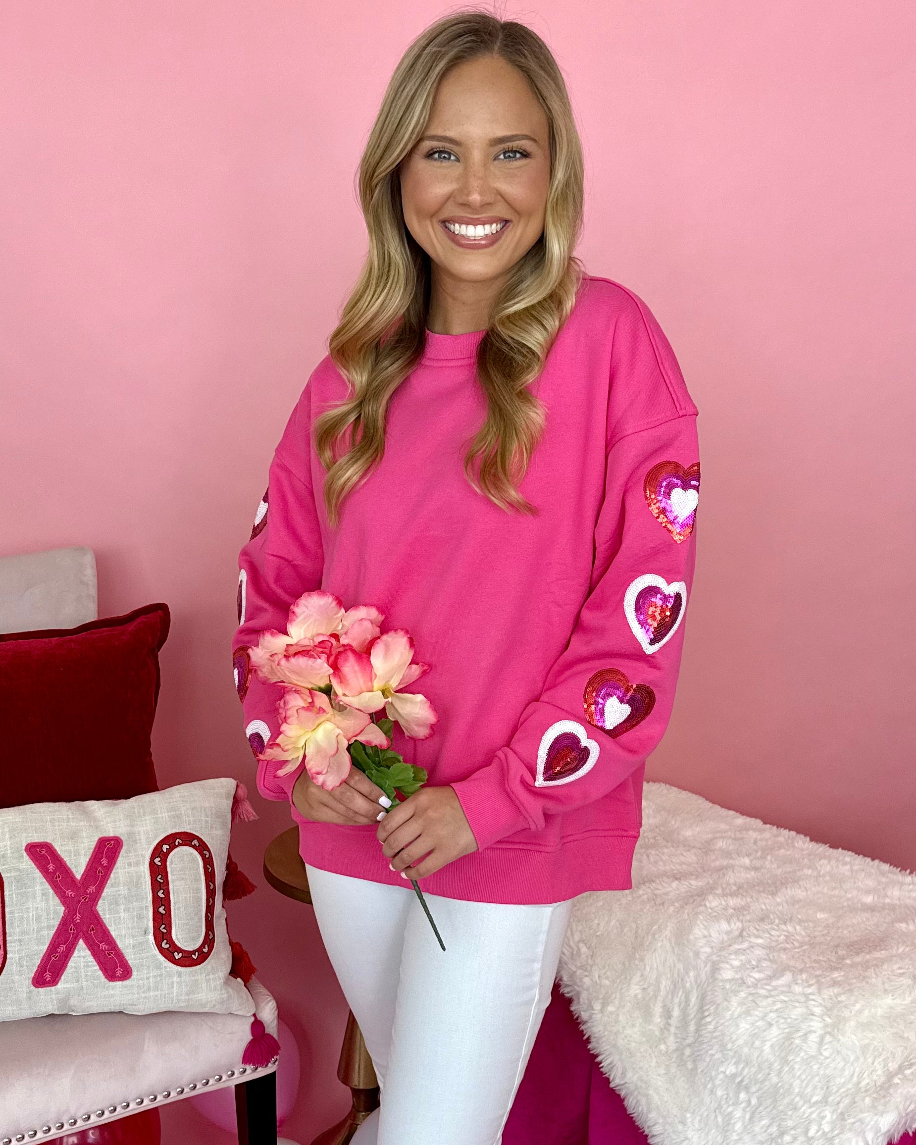 Lost Love Pink Heart Sequin Sweatshirt-Shop-Womens-Boutique-Clothing