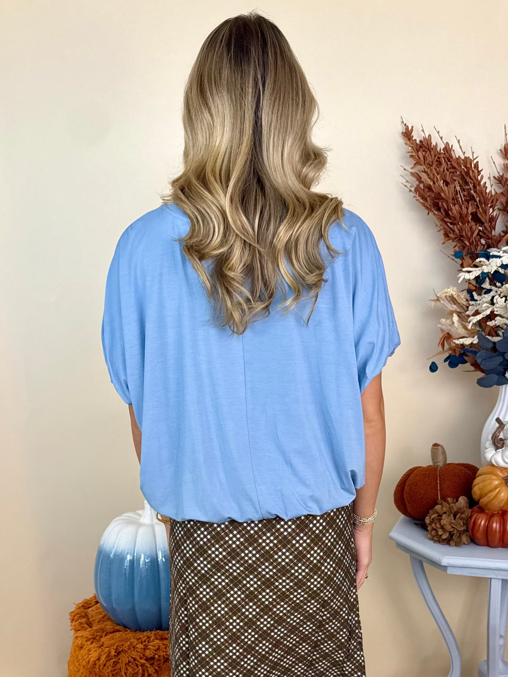 Best Dressed Slate Blue Bamboo Bubble Sleeve/Hem Top-Shop-Womens-Boutique-Clothing