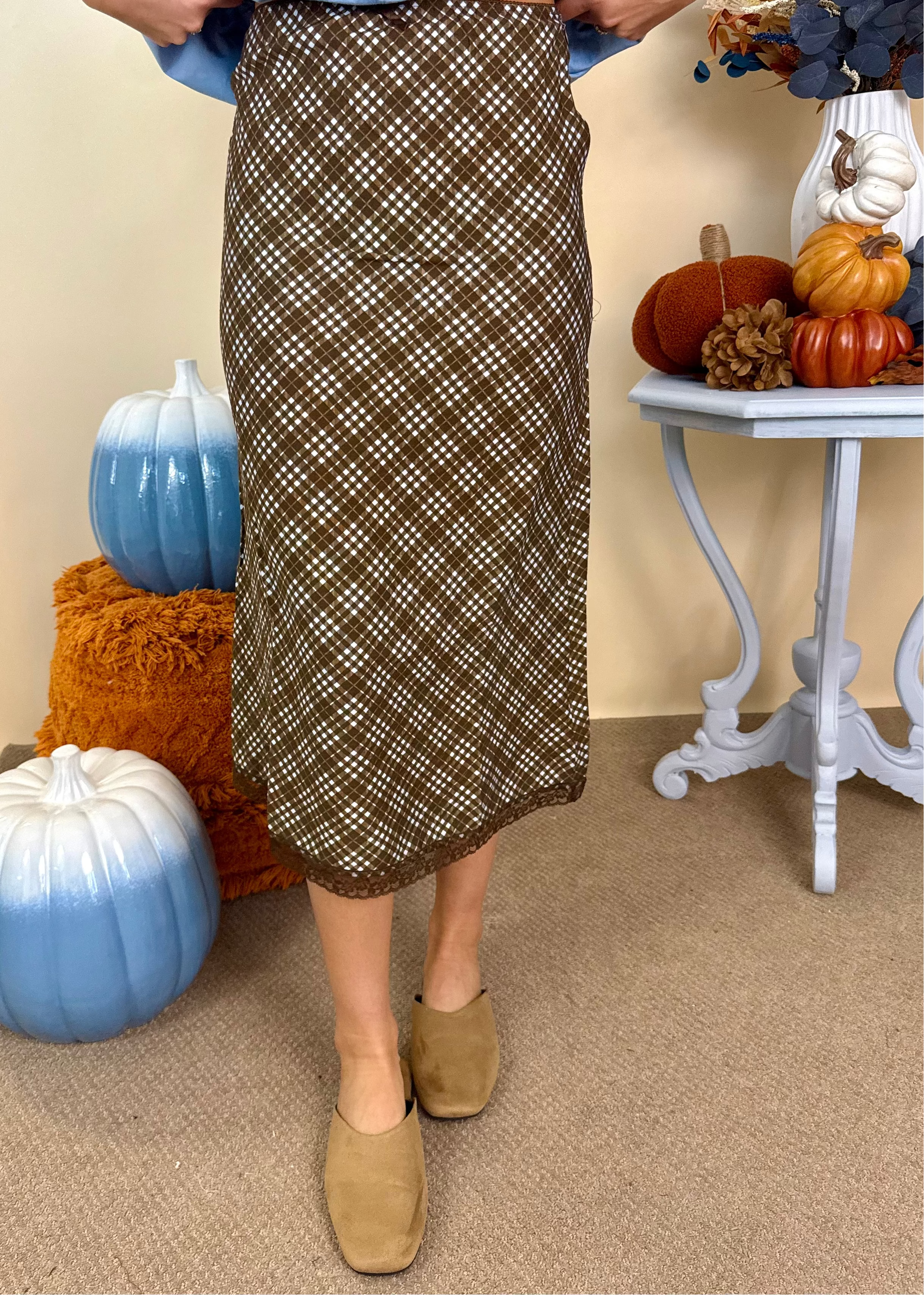 Call it Love Choco Mix Plaid Midi Skirt-Shop-Womens-Boutique-Clothing