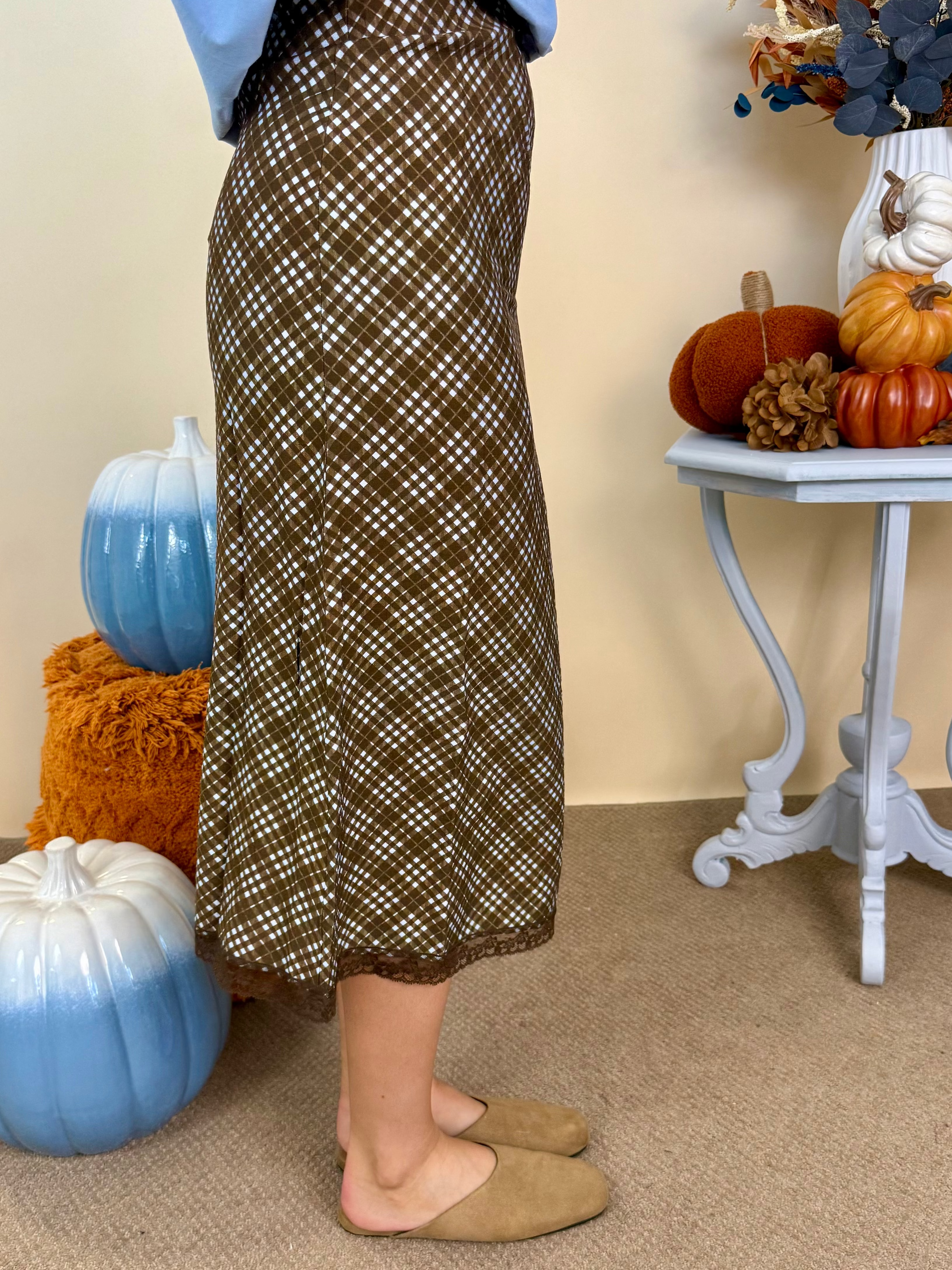 Call it Love Choco Mix Plaid Midi Skirt-Shop-Womens-Boutique-Clothing
