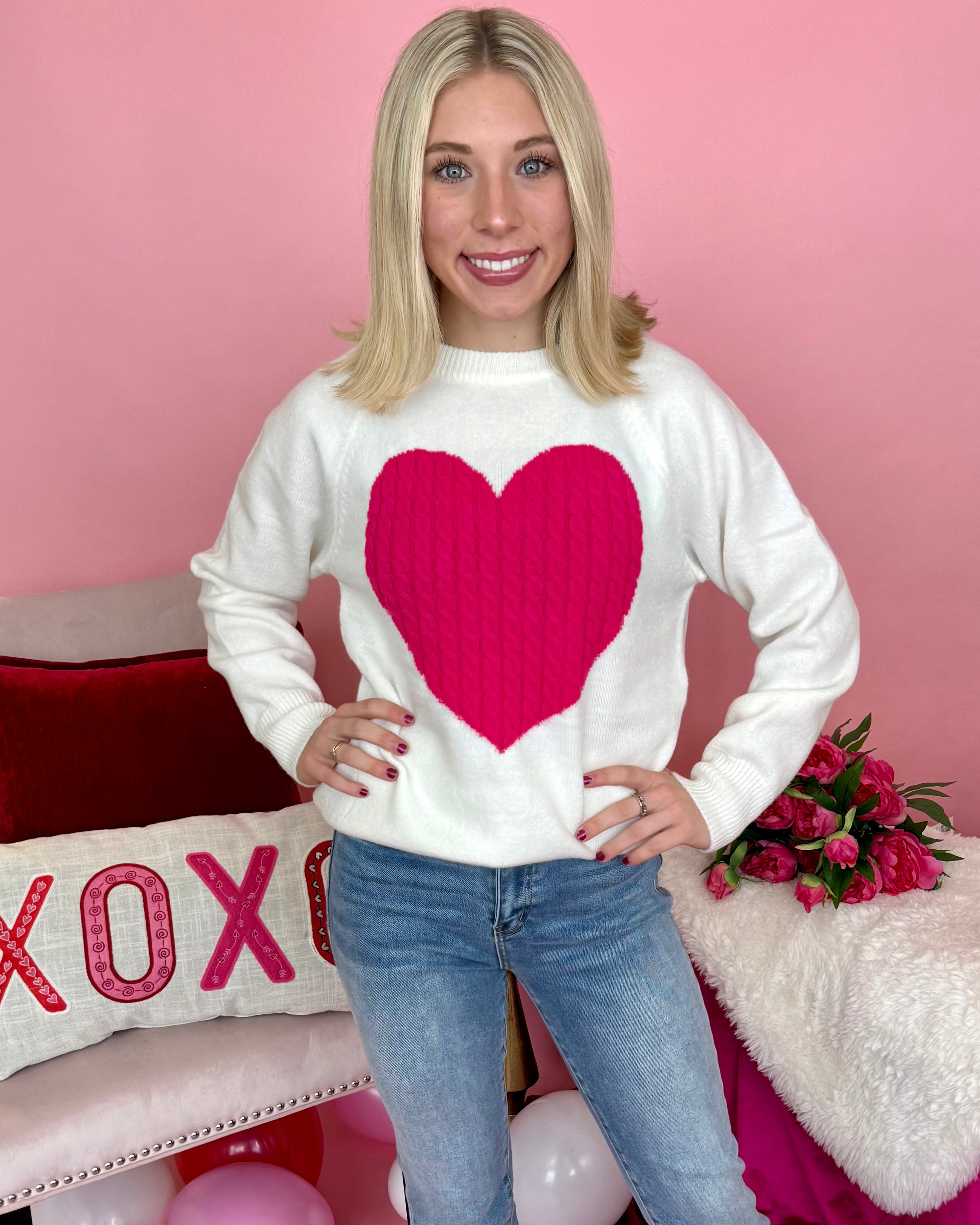 Heart For You White/Pink Heart Knit Sweater-Shop-Womens-Boutique-Clothing