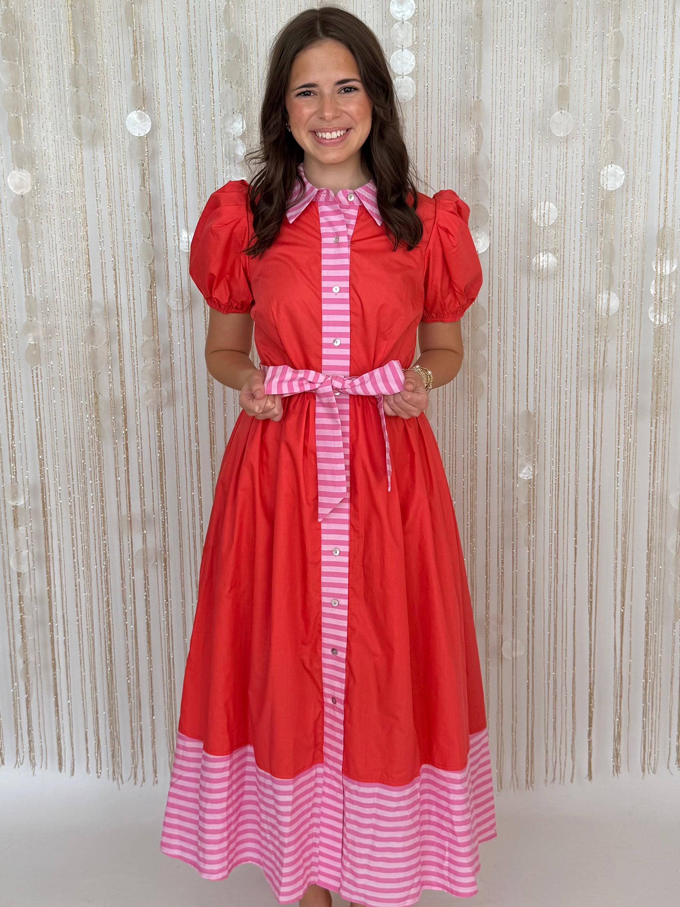 Soft Style Red Stripe Trim Puff Sleeve Midi Dress-Shop-Womens-Boutique-Clothing