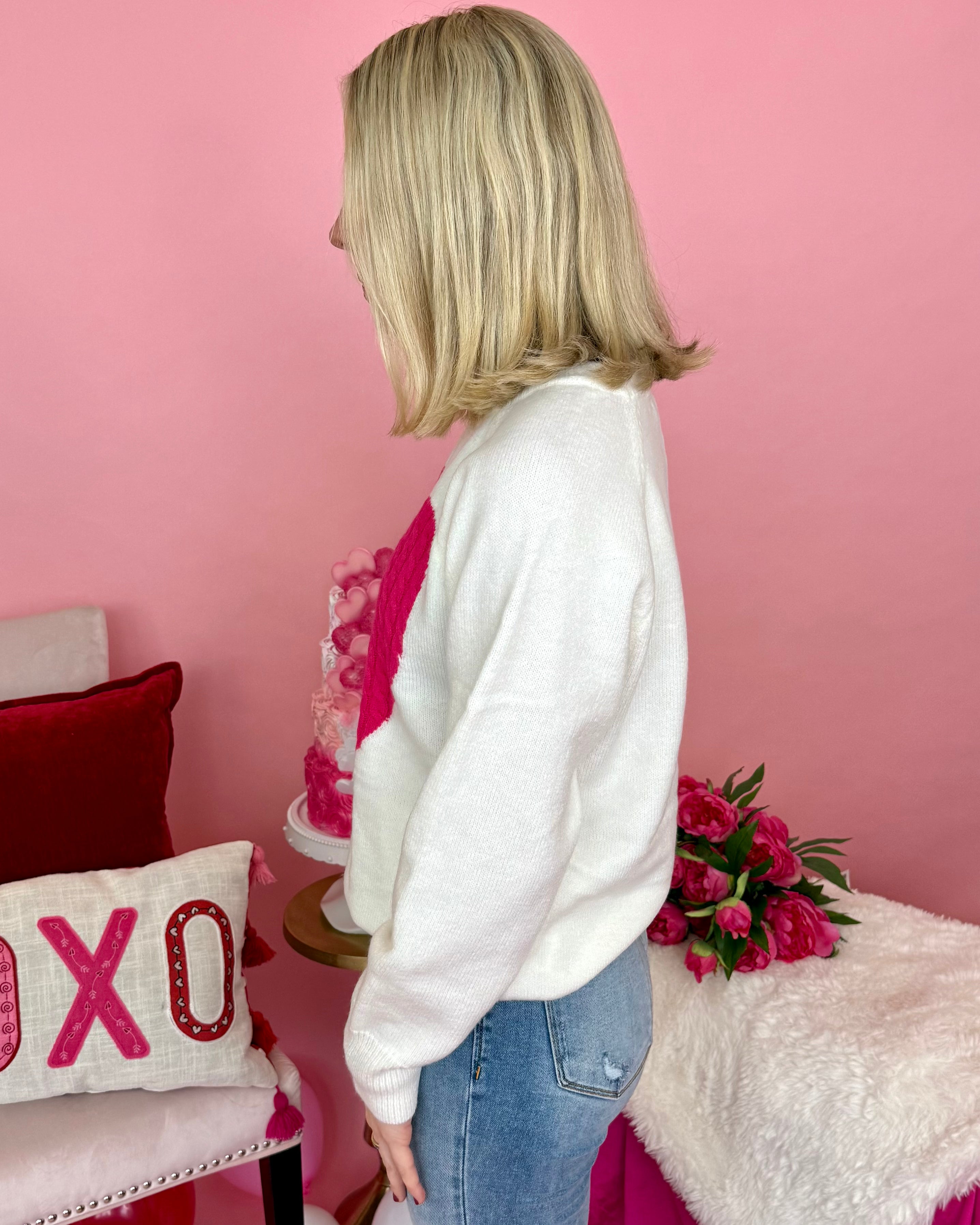 Heart For You White/Pink Heart Knit Sweater-Shop-Womens-Boutique-Clothing