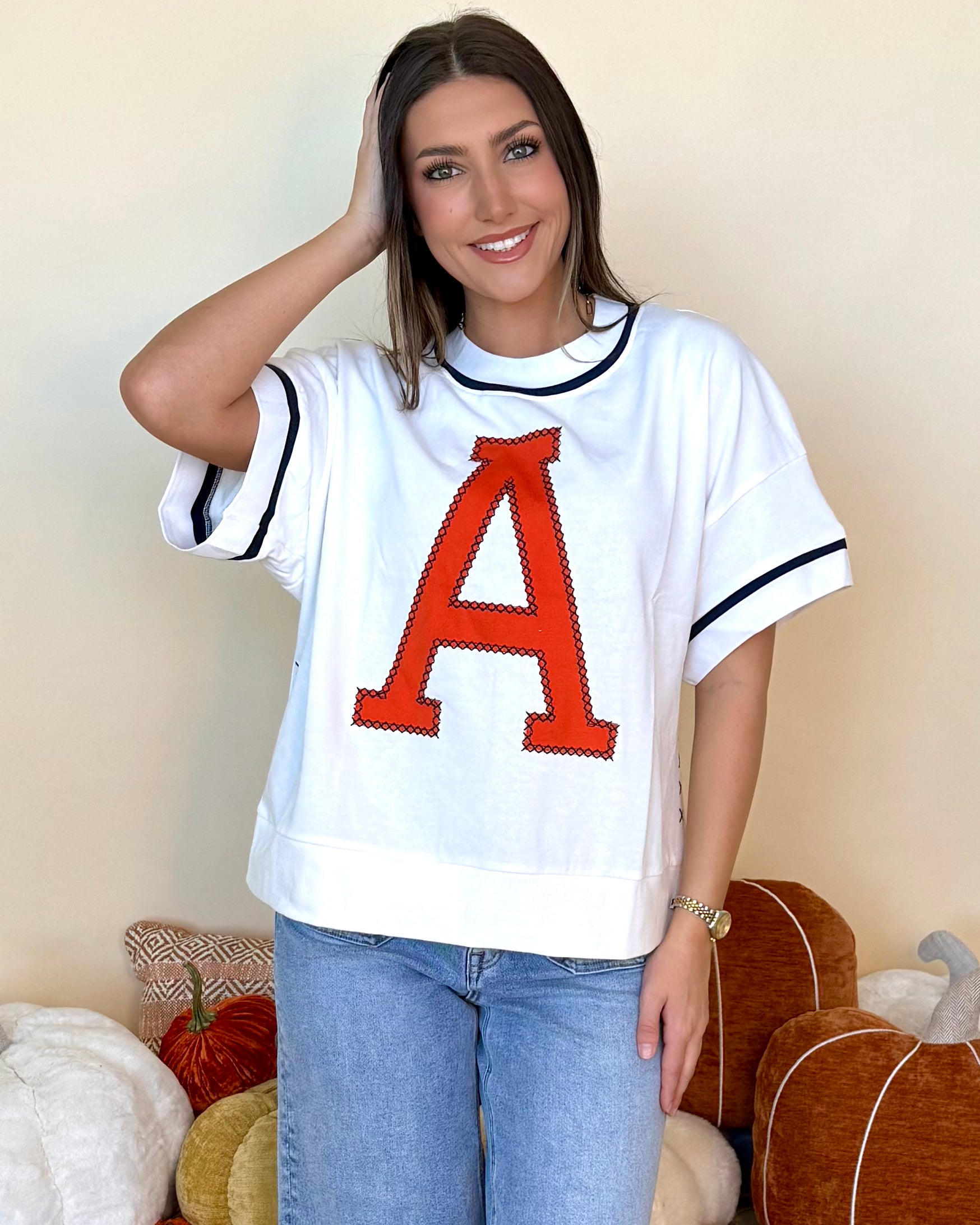 Taking Turns White Navy Embroidery A Sweatshirt-Shop-Womens-Boutique-Clothing