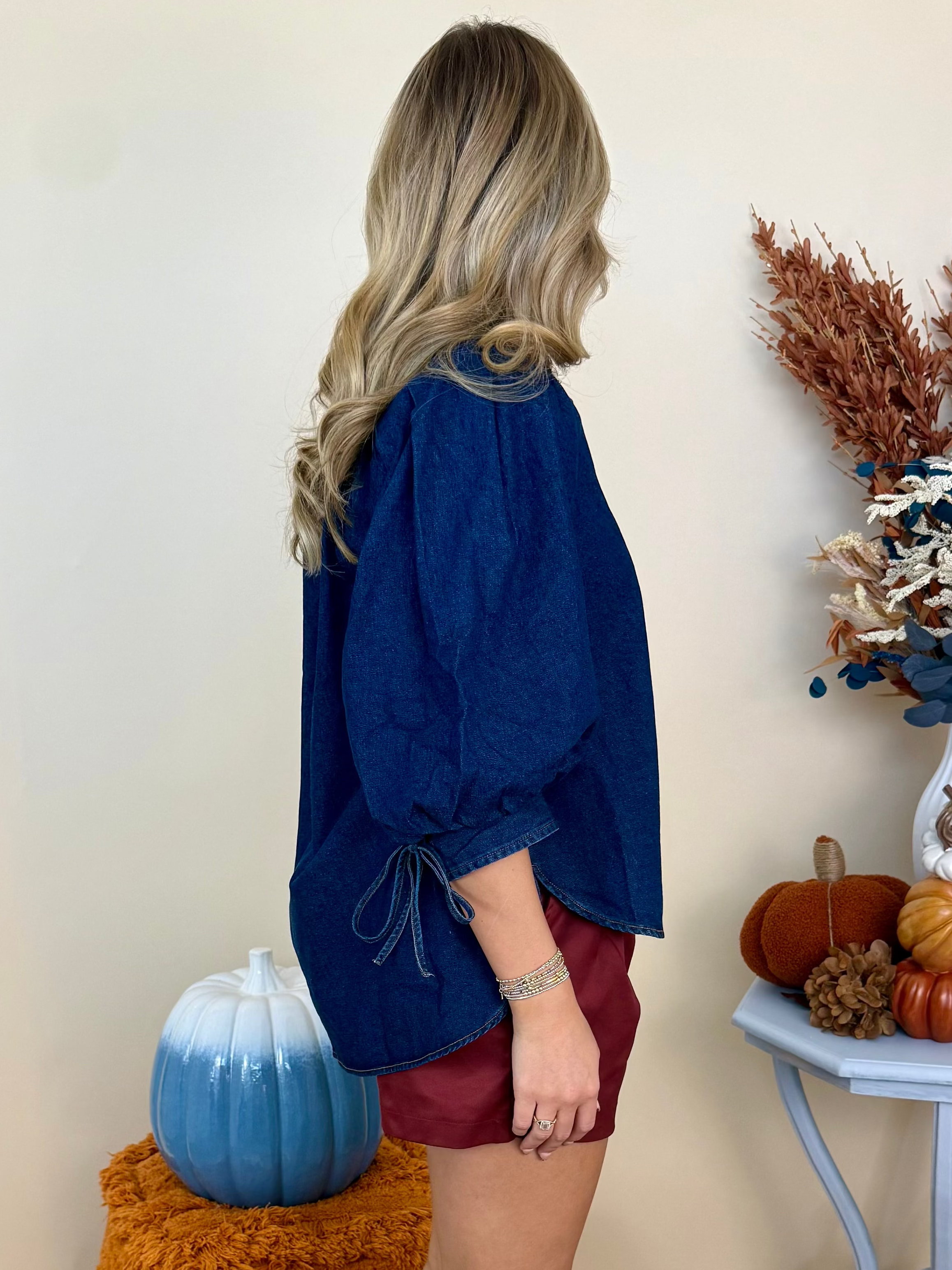 Chasing Dreams Dk Denim 3/4 Puff Sleeve Sleeve Top-Shop-Womens-Boutique-Clothing