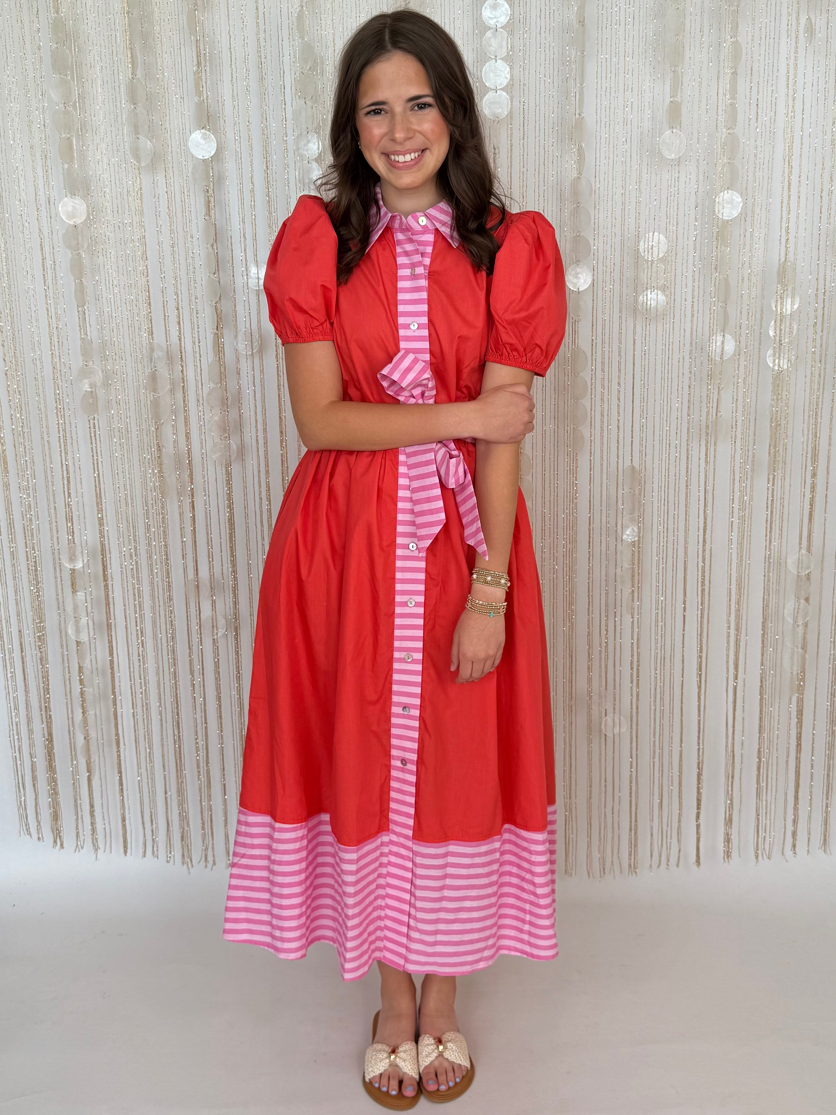 Soft Style Red Stripe Trim Puff Sleeve Midi Dress-Shop-Womens-Boutique-Clothing