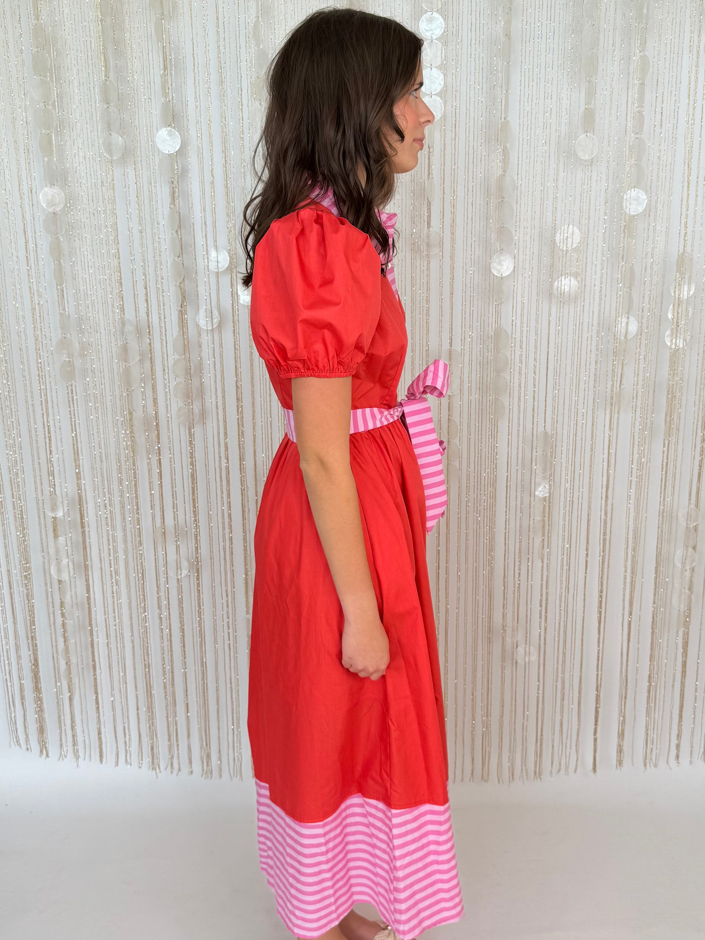 Soft Style Red Stripe Trim Puff Sleeve Midi Dress-Shop-Womens-Boutique-Clothing