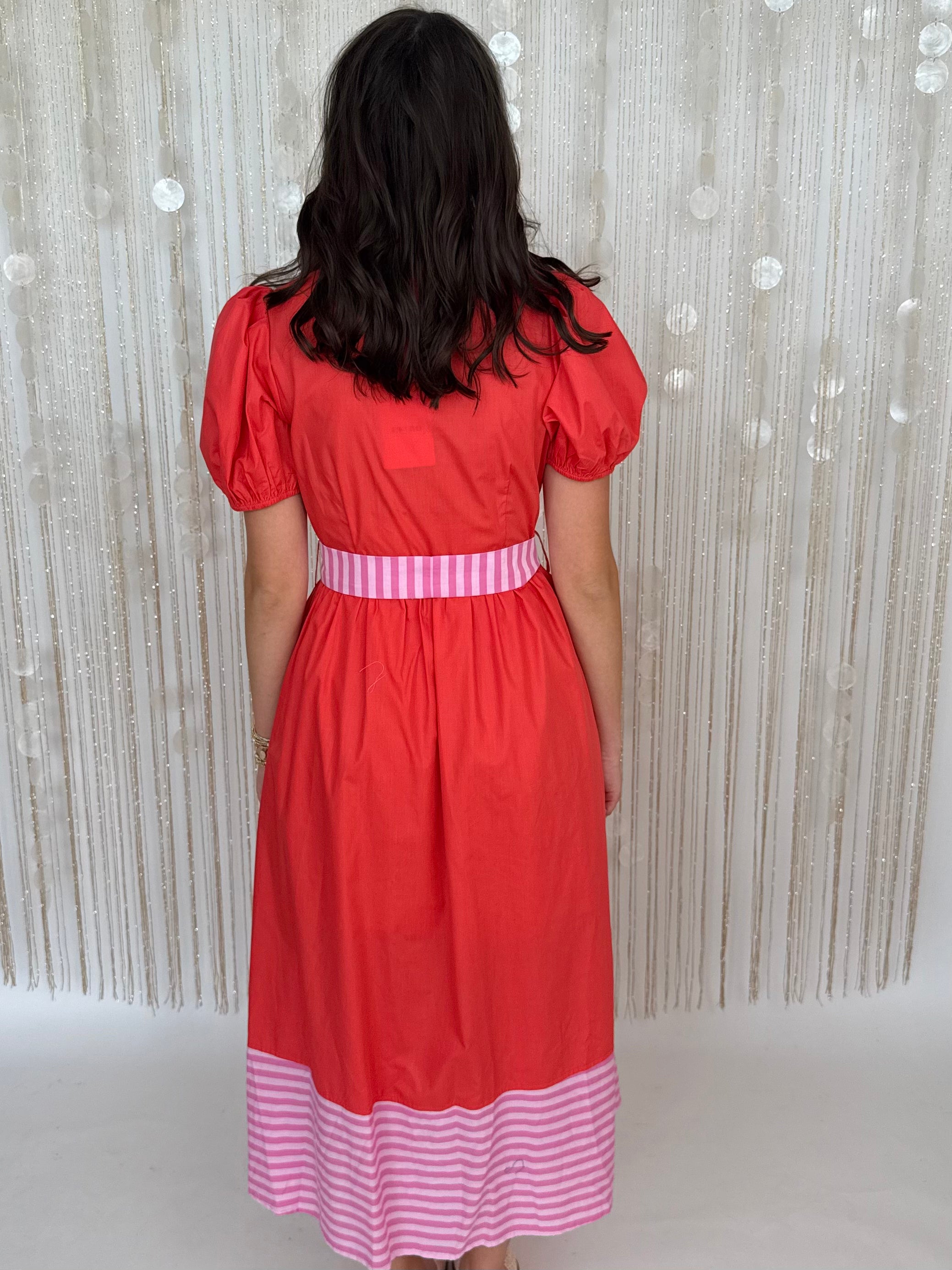 Soft Style Red Stripe Trim Puff Sleeve Midi Dress-Shop-Womens-Boutique-Clothing