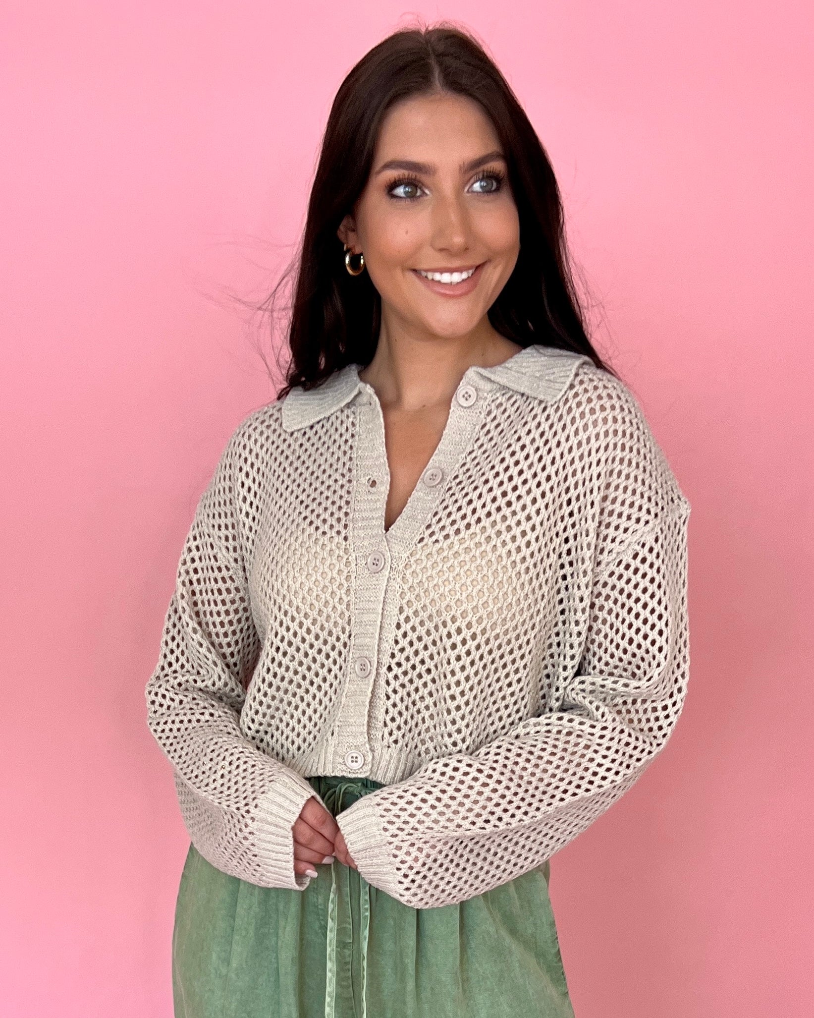 Doing The Most Oatmeal Button Down Crochet Cardigan-Shop-Womens-Boutique-Clothing