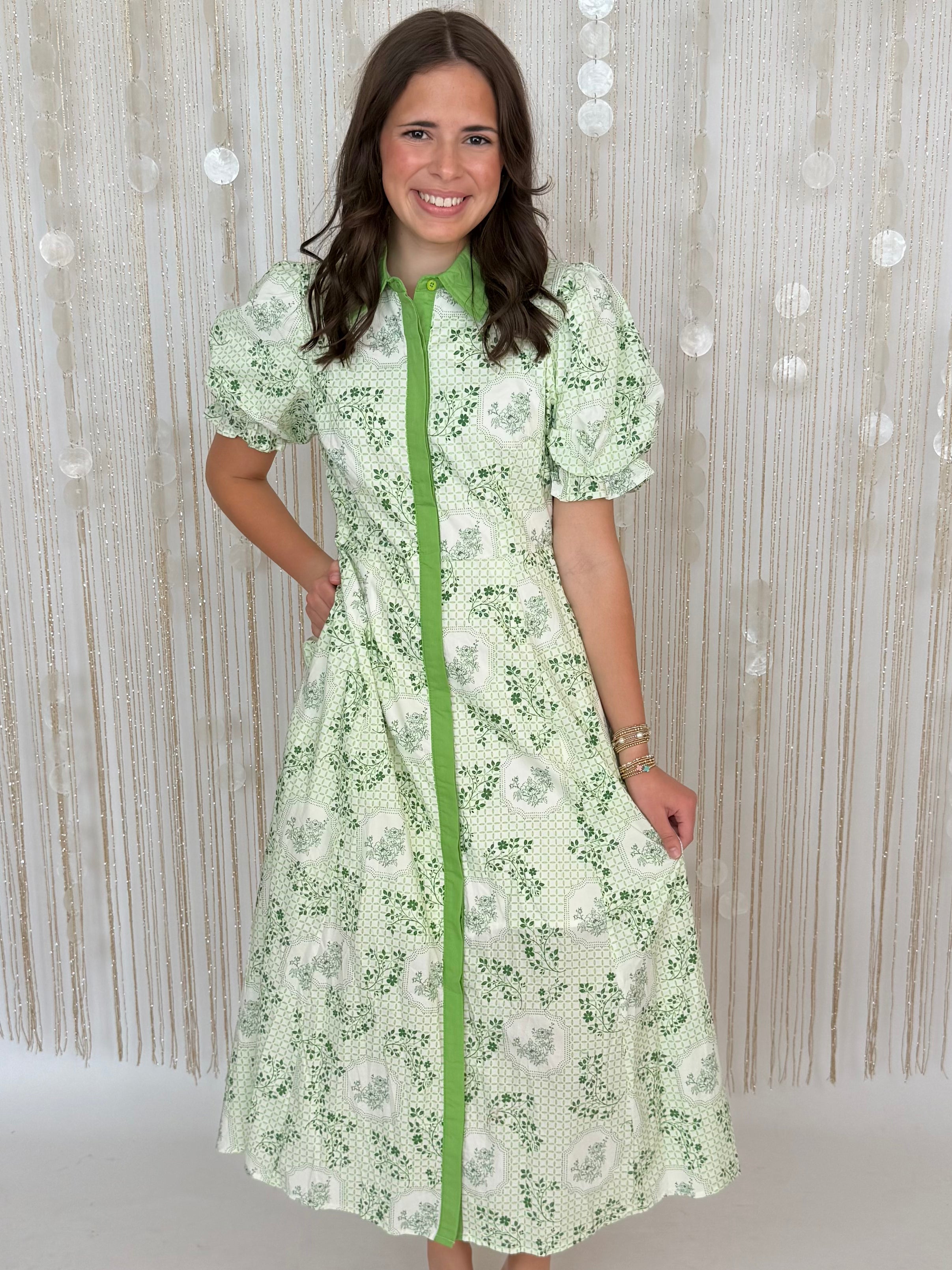 Bloom Burst Matcha Floral Print Midi Dress-Shop-Womens-Boutique-Clothing