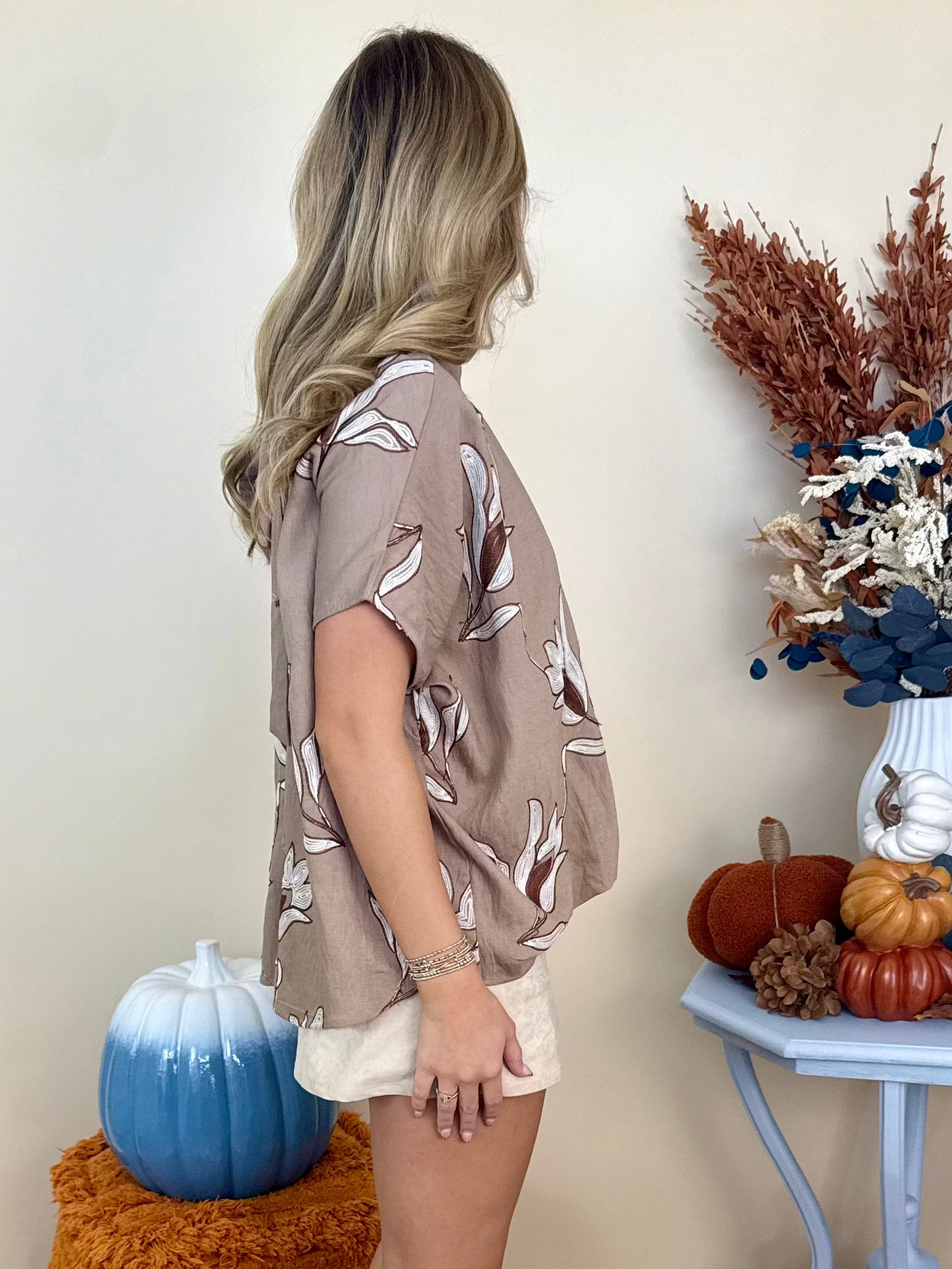 Meet me Autumn Taupe Floral Embroidered Gathered Collar Top-Shop-Womens-Boutique-Clothing