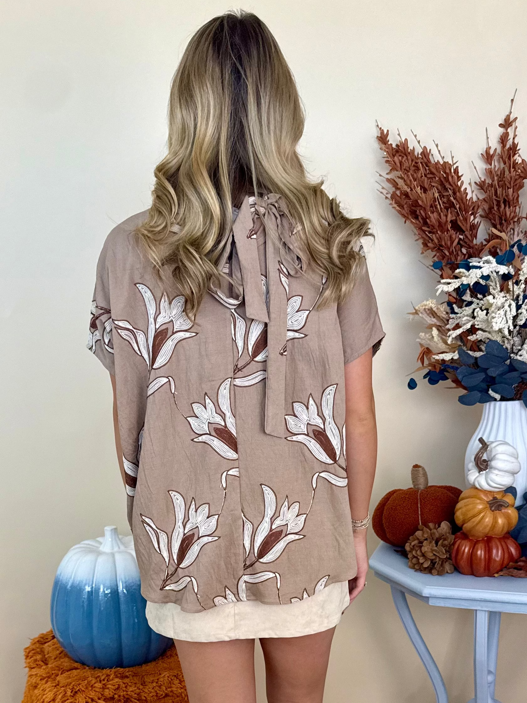 Meet me Autumn Taupe Floral Embroidered Gathered Collar Top-Shop-Womens-Boutique-Clothing