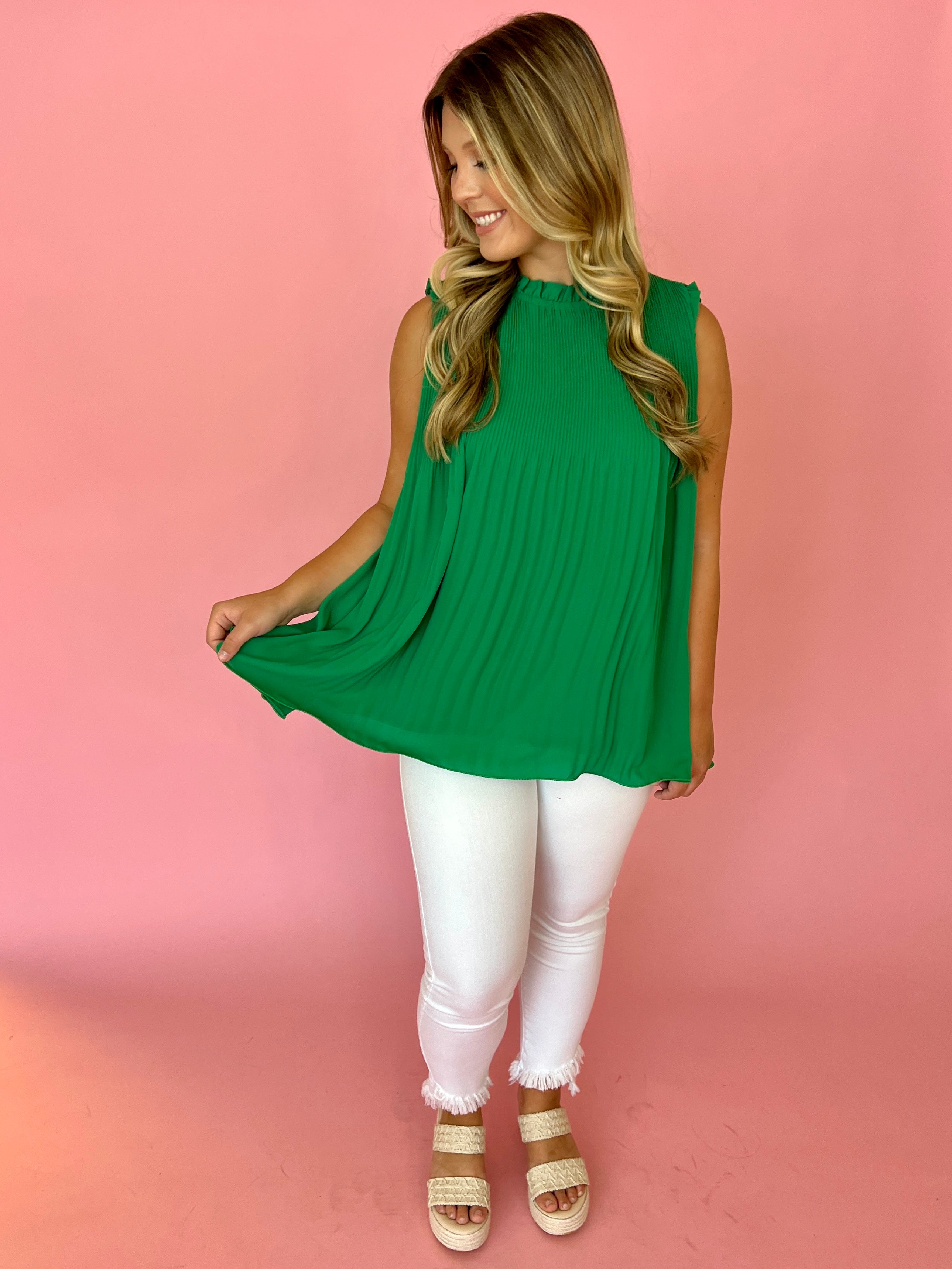 A Fair Deal Kelly Green High Neck Pleated Top-Shop-Womens-Boutique-Clothing