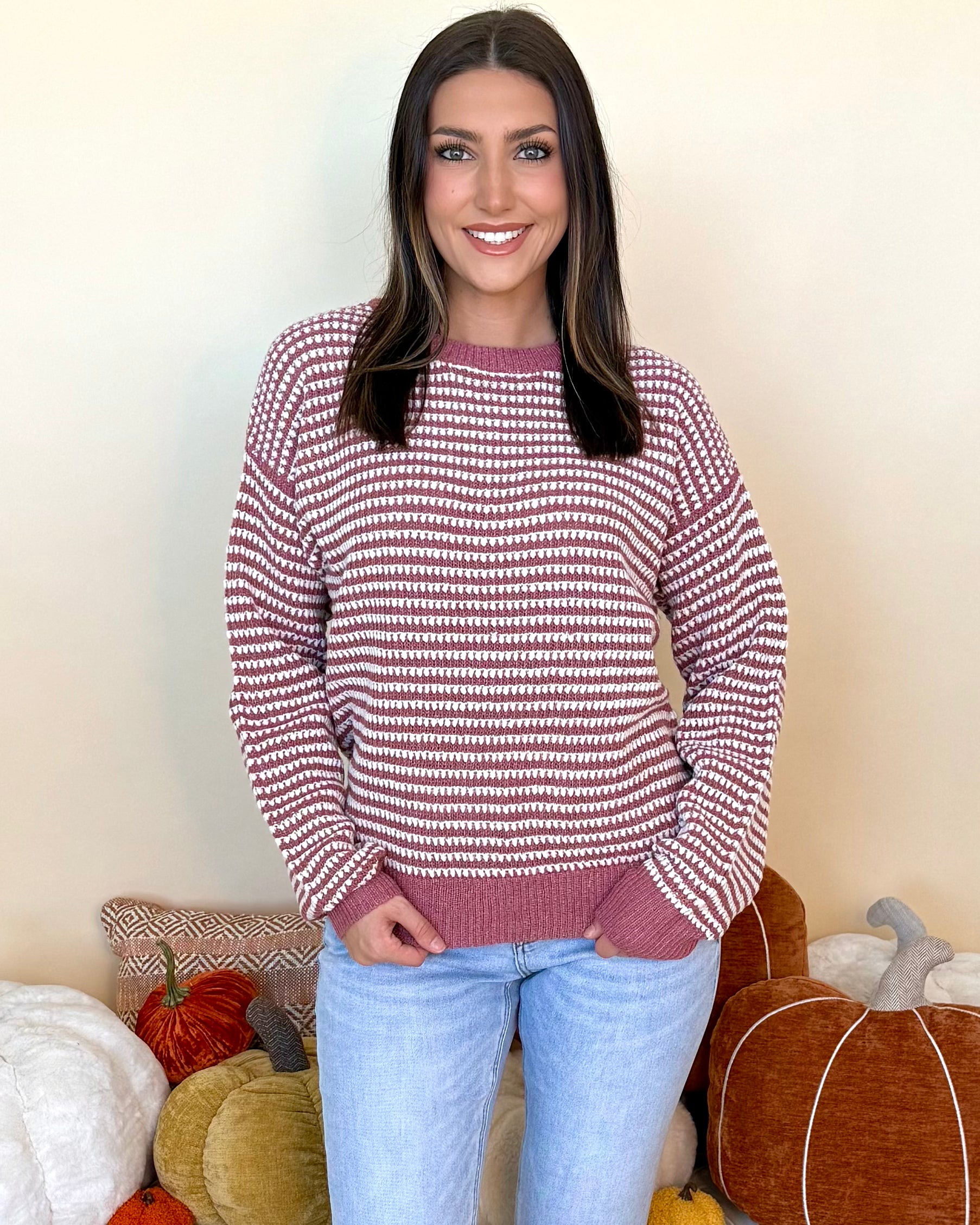 Let It Be Known Rose Waffle Striped Sweater-Shop-Womens-Boutique-Clothing