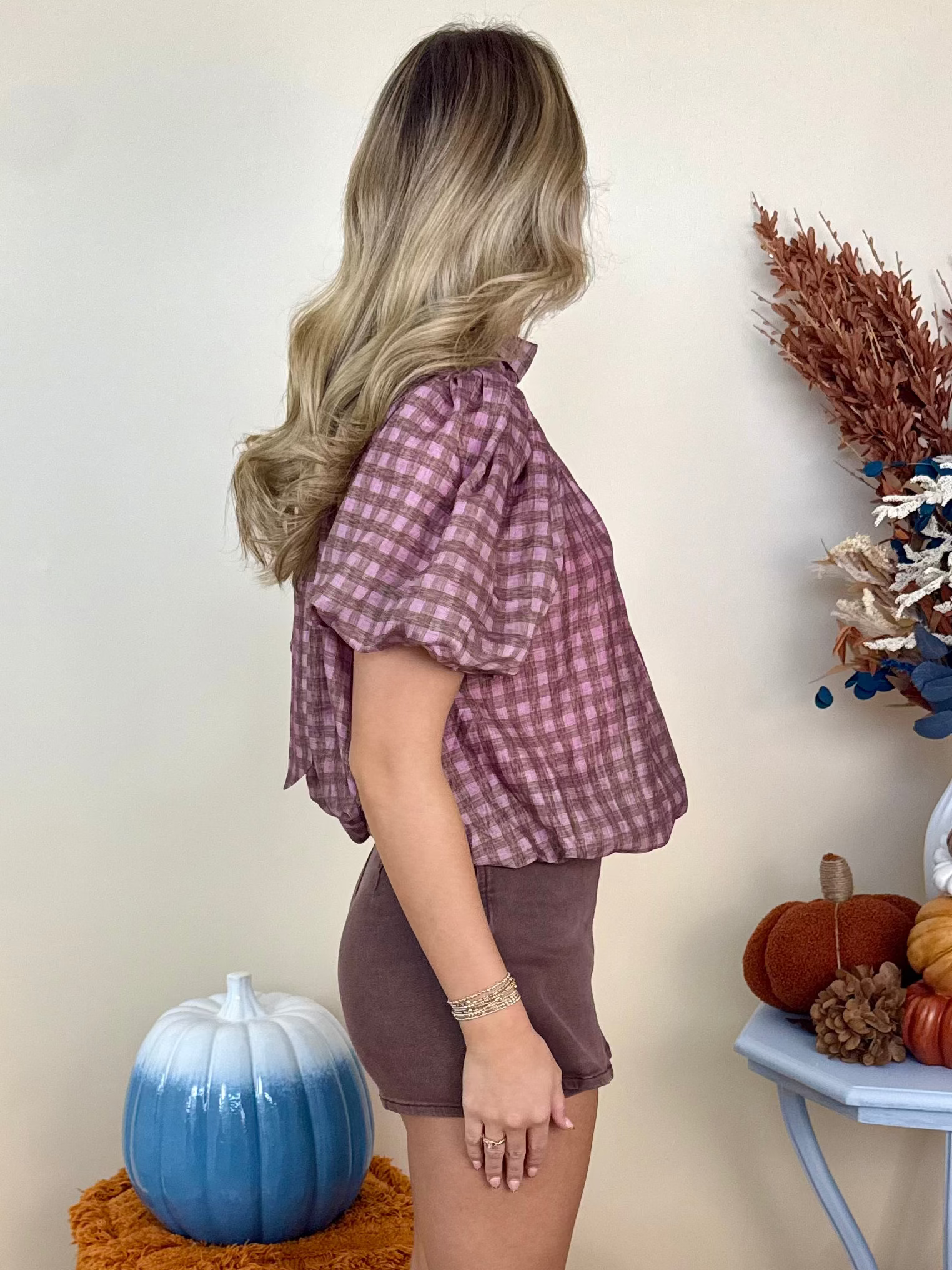 Gentle Glow Camel Pink Gingham Back Bow Neck Top-Shop-Womens-Boutique-Clothing