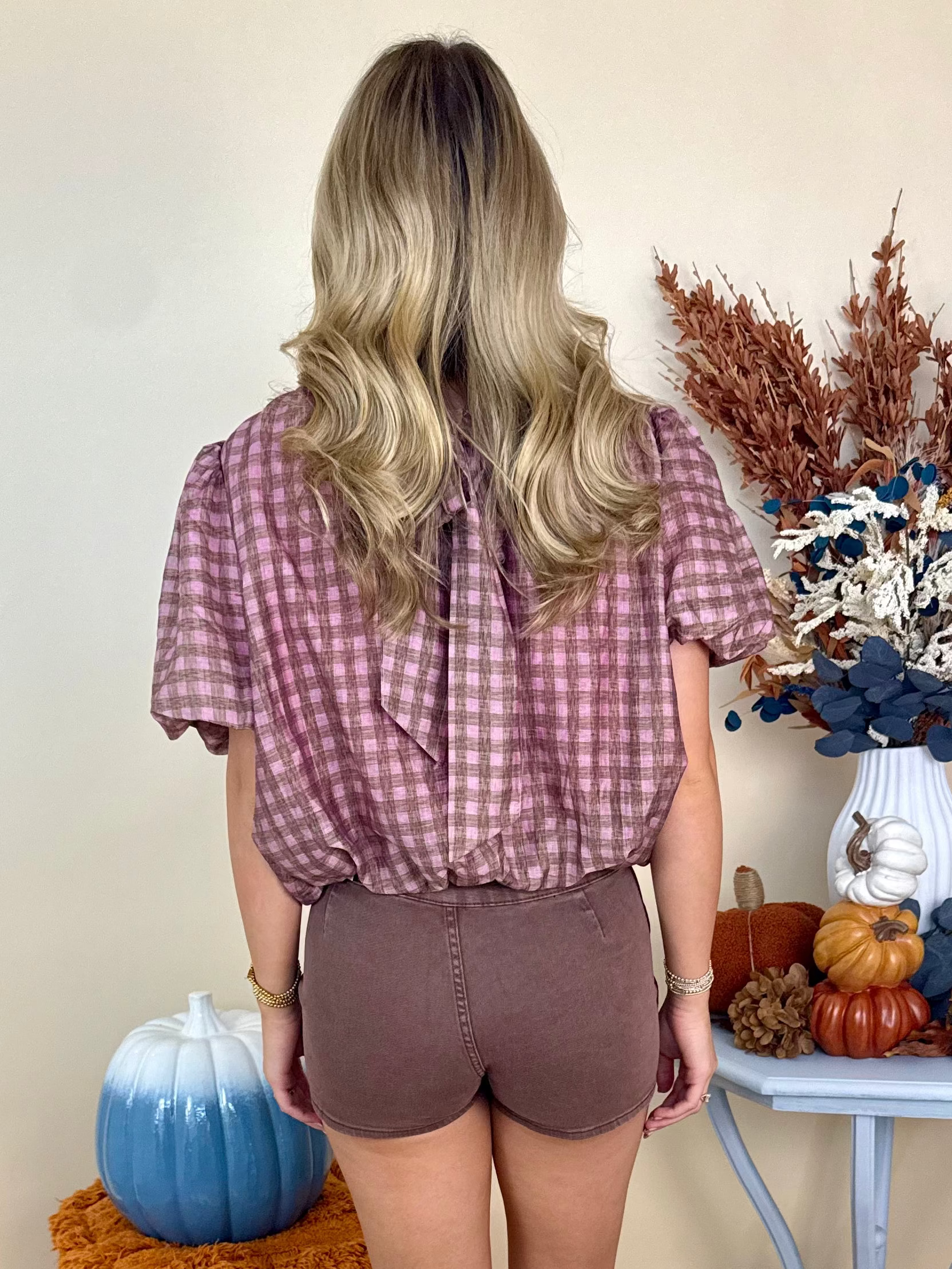 Gentle Glow Camel Pink Gingham Back Bow Neck Top-Shop-Womens-Boutique-Clothing