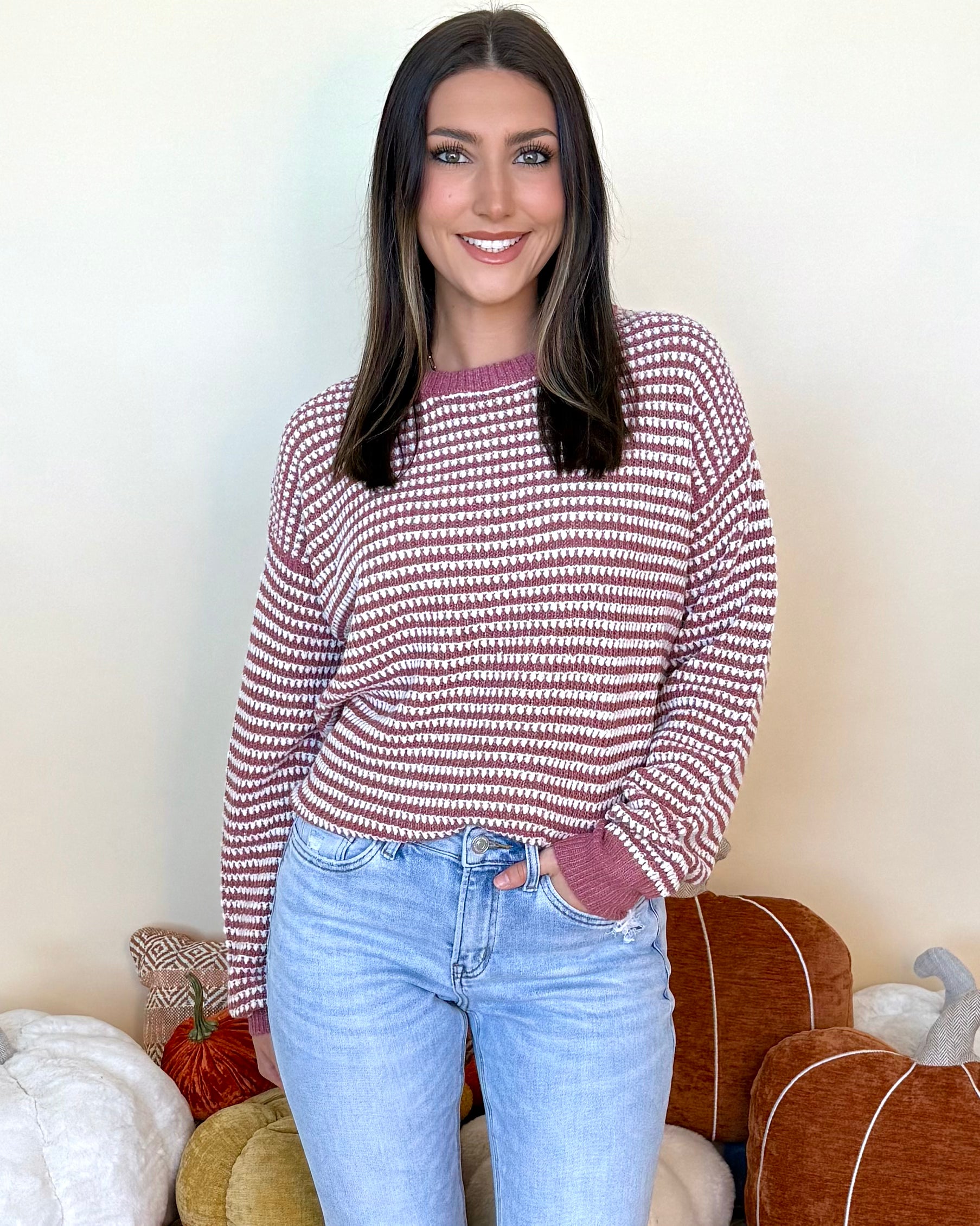 Let It Be Known Rose Waffle Striped Sweater-Shop-Womens-Boutique-Clothing