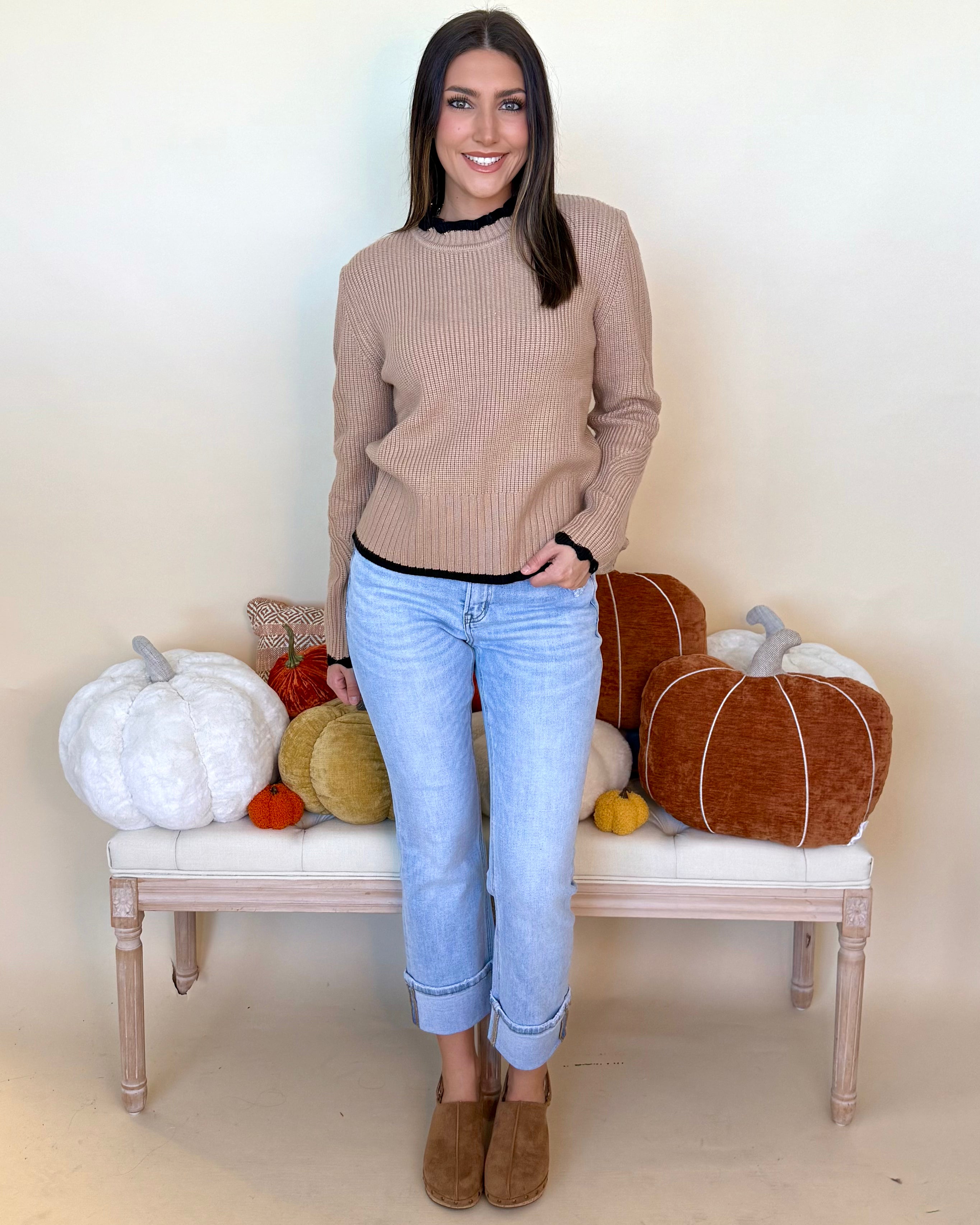 Anything Else Taupe Ruffle Neck Sweater-Shop-Womens-Boutique-Clothing