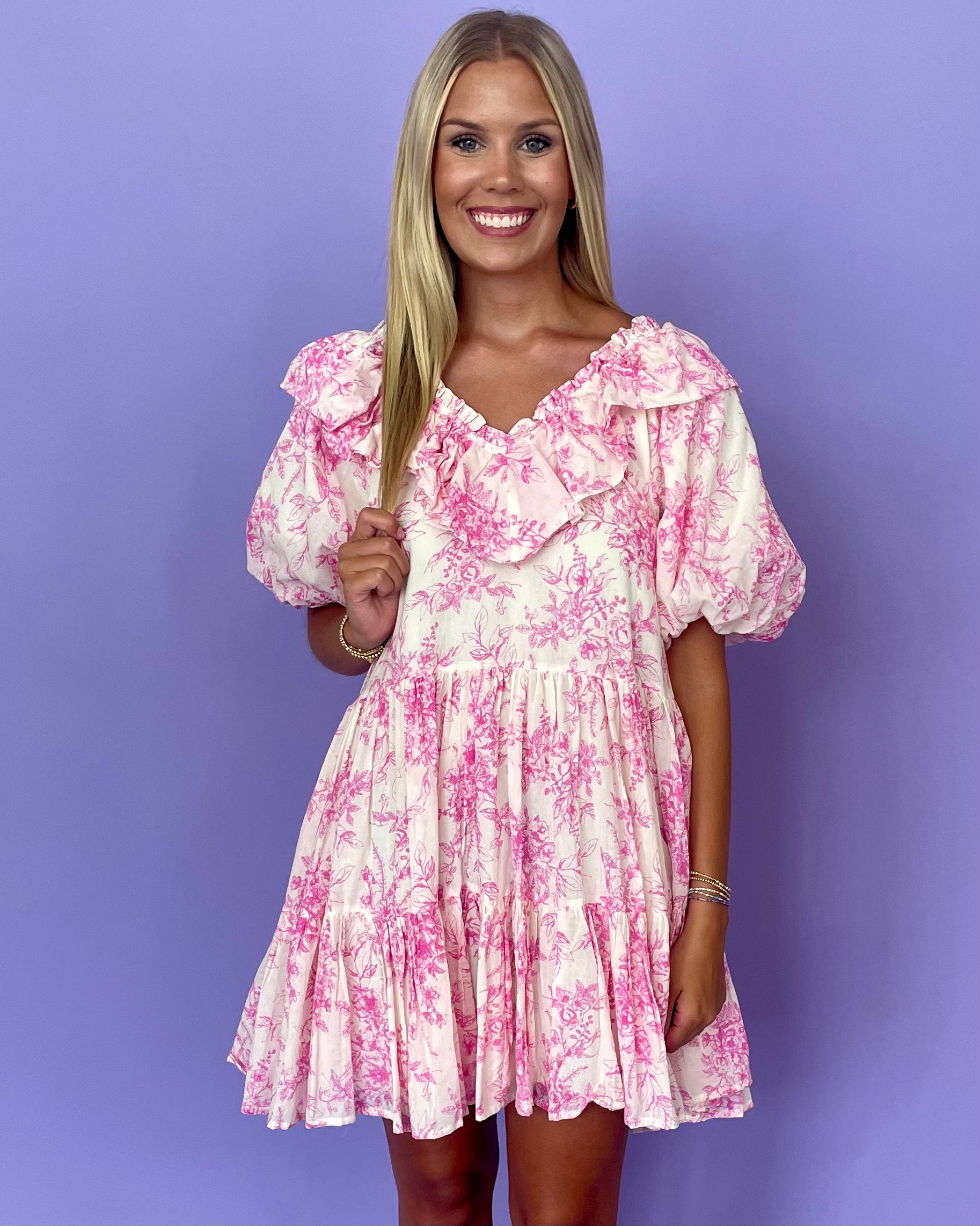 Love Blooms White Pink Print Ruffle Dress-Shop-Womens-Boutique-Clothing