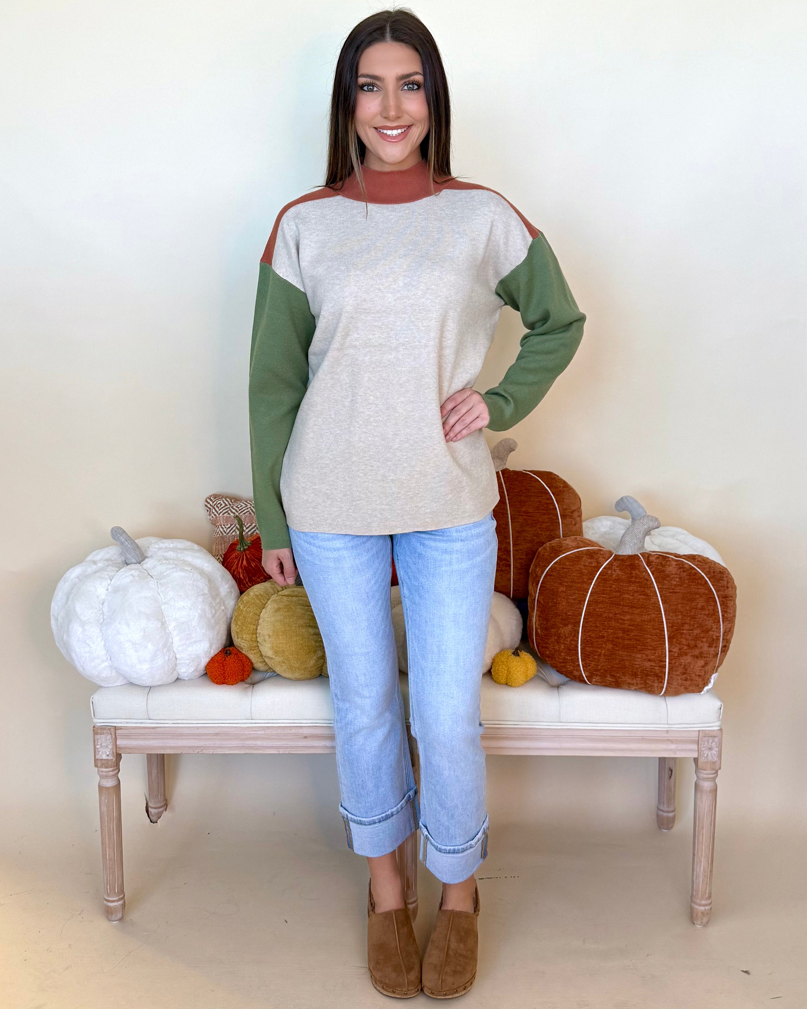 Nothing To Add Oatmeal/Rust/Green Colorblock Sweater-Shop-Womens-Boutique-Clothing