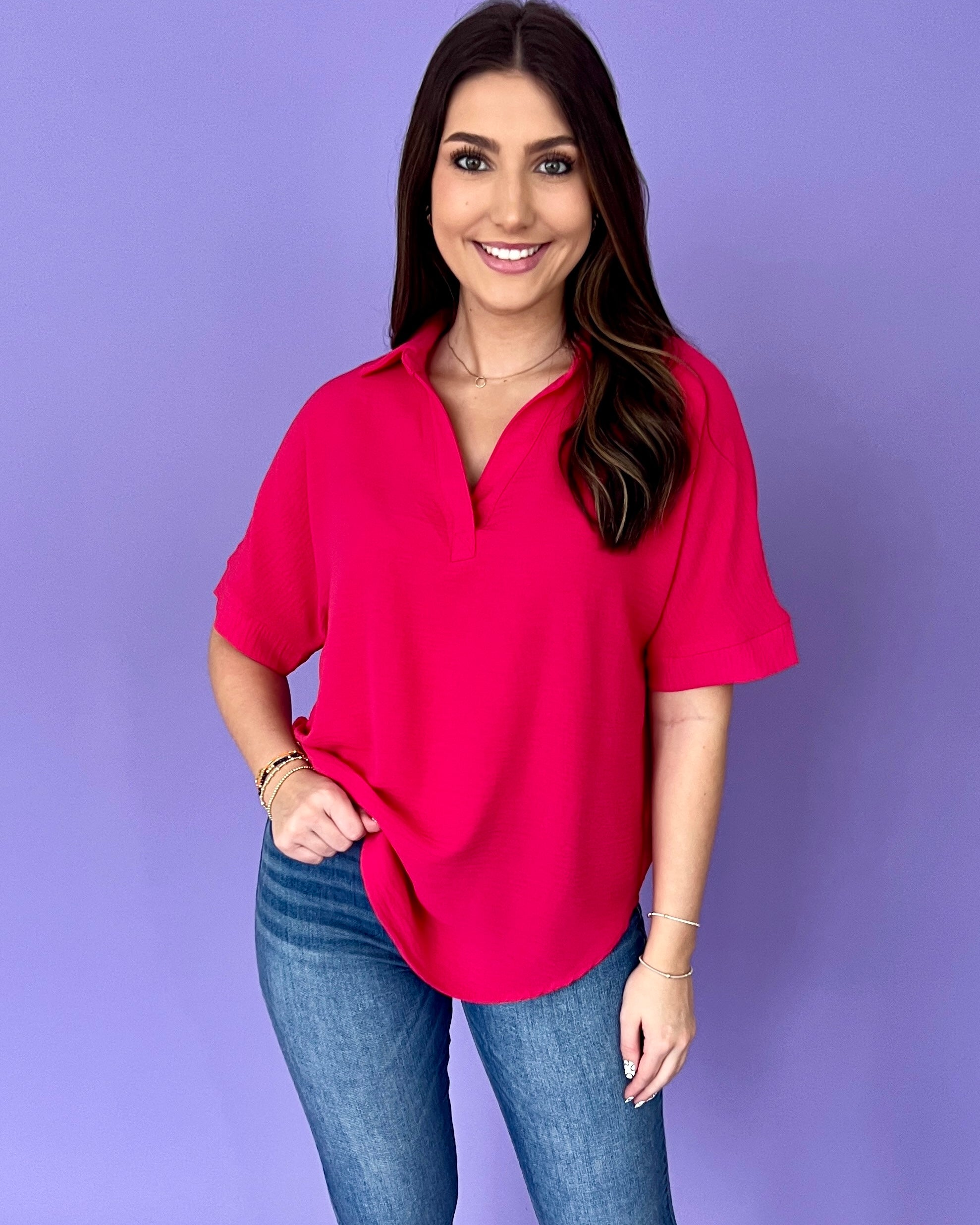So Right Viva Magenta Collared Top-Shop-Womens-Boutique-Clothing