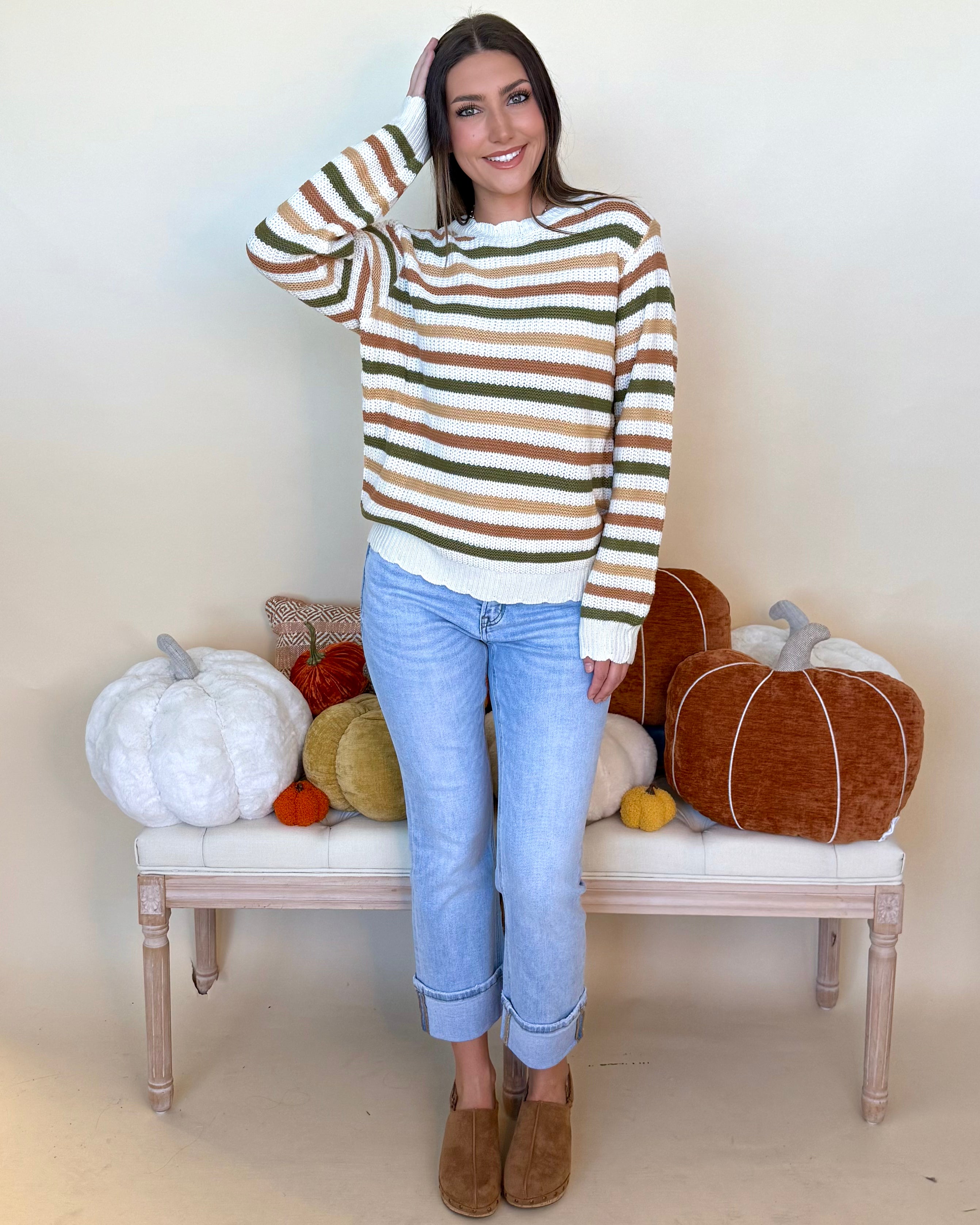 Into A Groove Ivory Multi Stripe Scallop Sweater-Shop-Womens-Boutique-Clothing