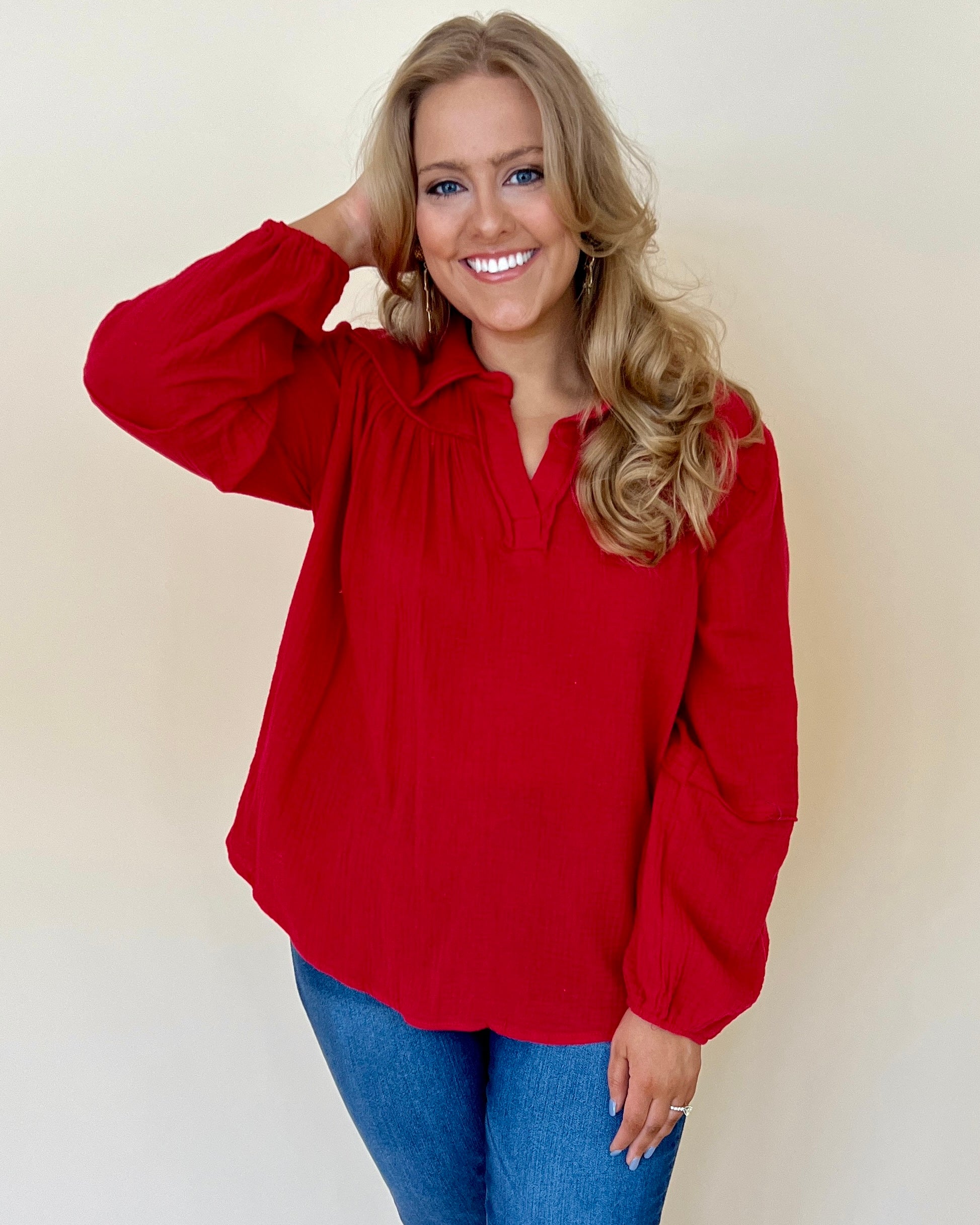 New Days Cherry Plus Gauze Collared Top-Shop-Womens-Boutique-Clothing