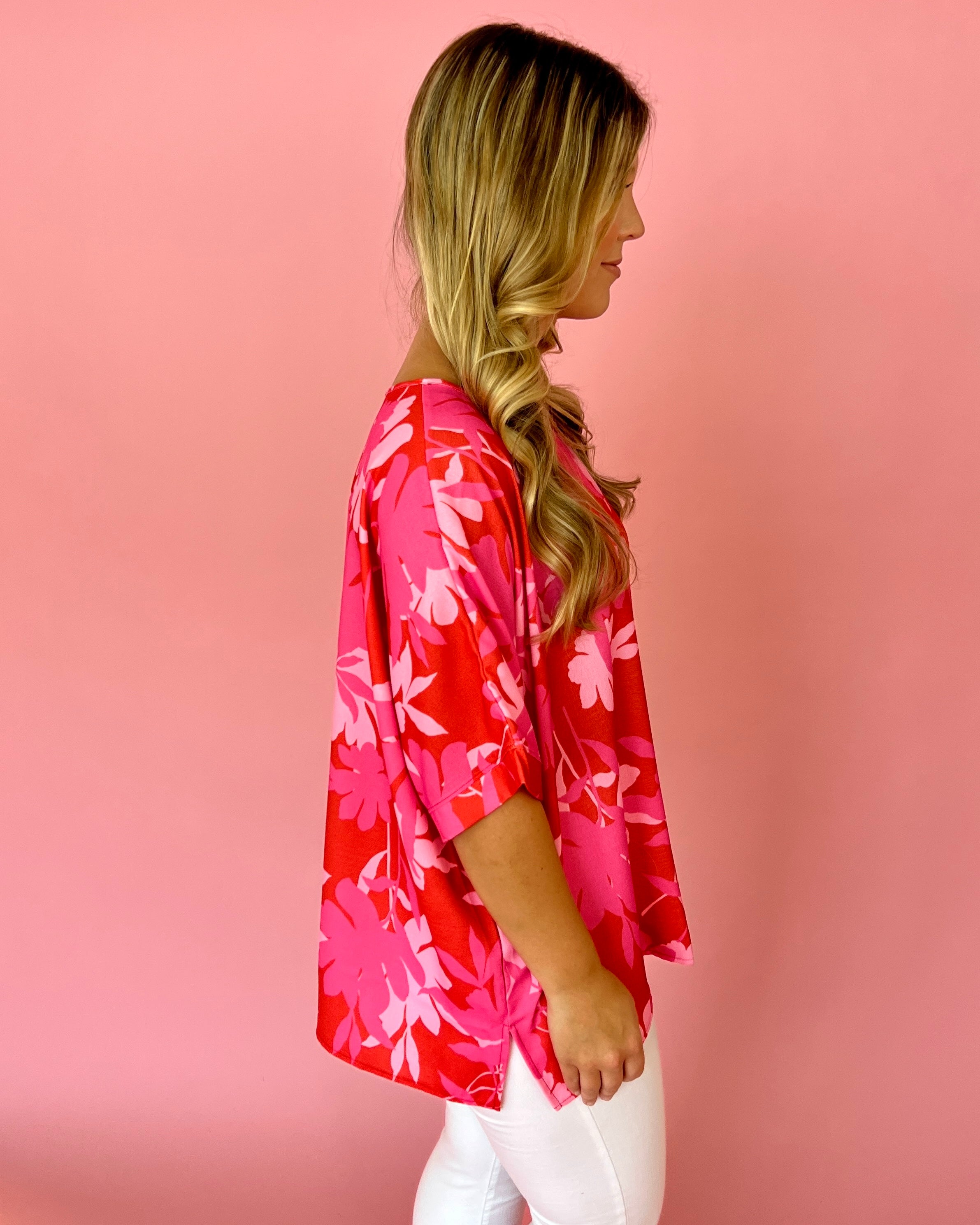 Floral Breeze Coral Dolman Sleeve Side Slit Top-Shop-Womens-Boutique-Clothing