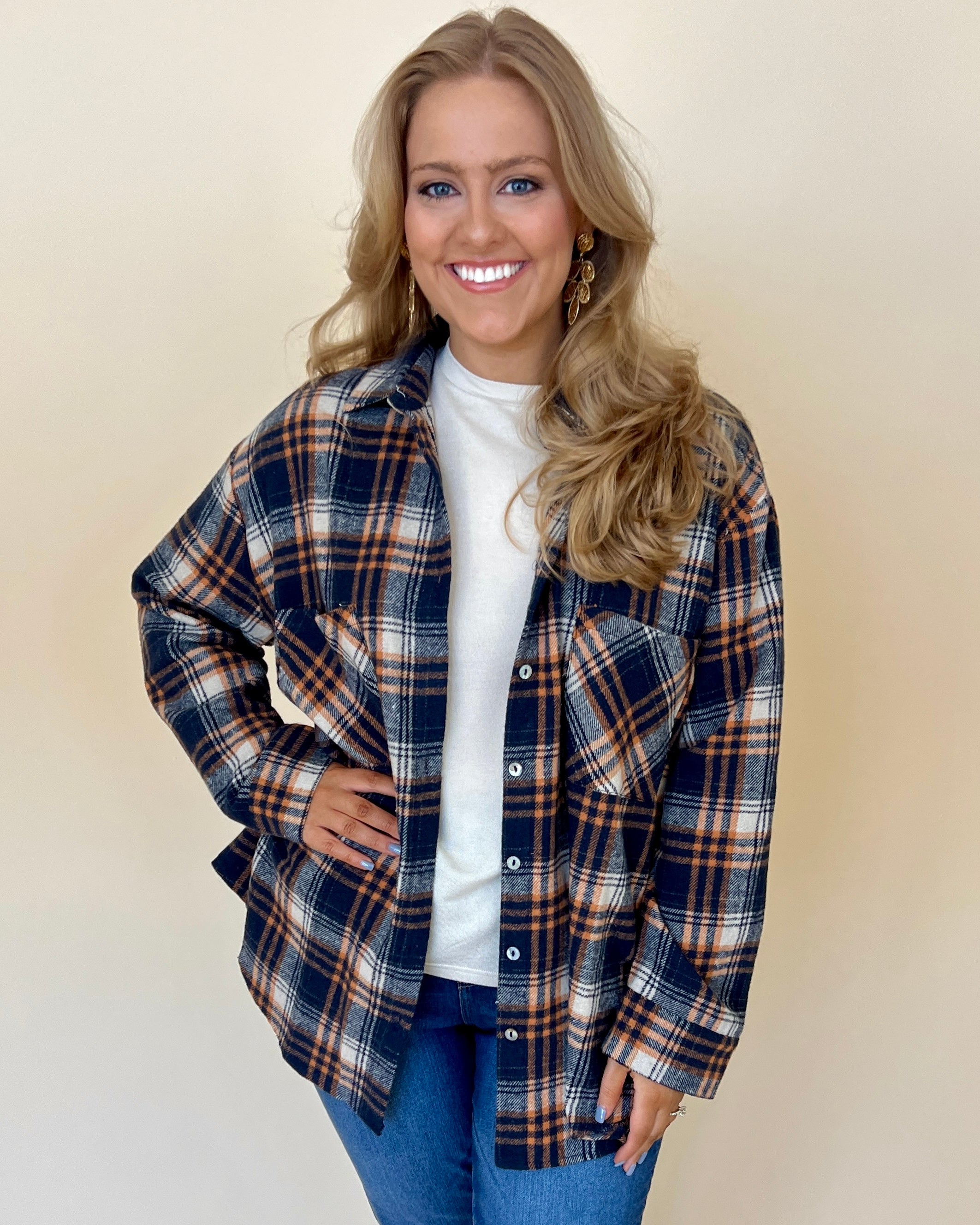 Tune In Navy Plus Plaid Button Down Top-Shop-Womens-Boutique-Clothing