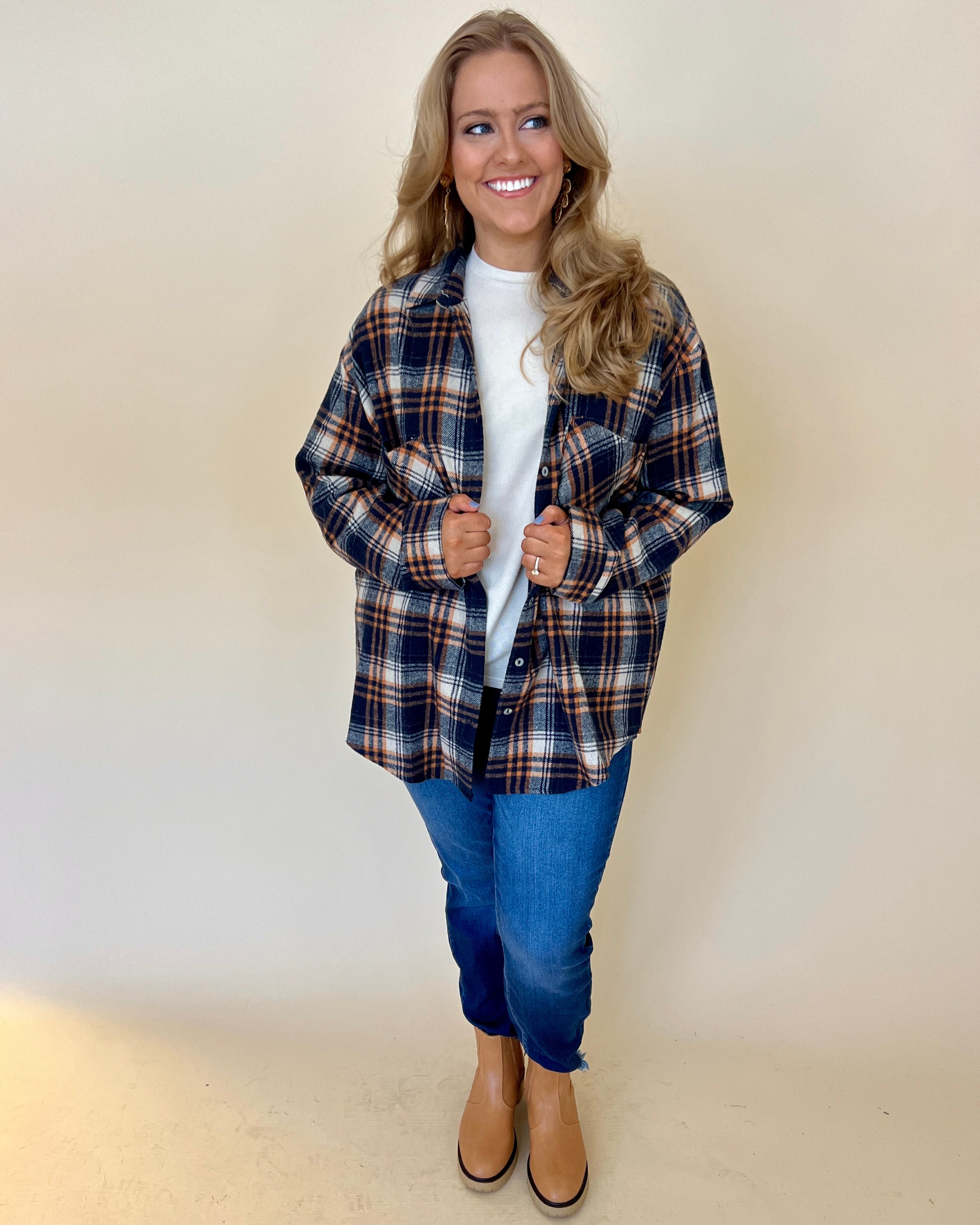 Tune In Navy Plus Plaid Button Down Top-Shop-Womens-Boutique-Clothing
