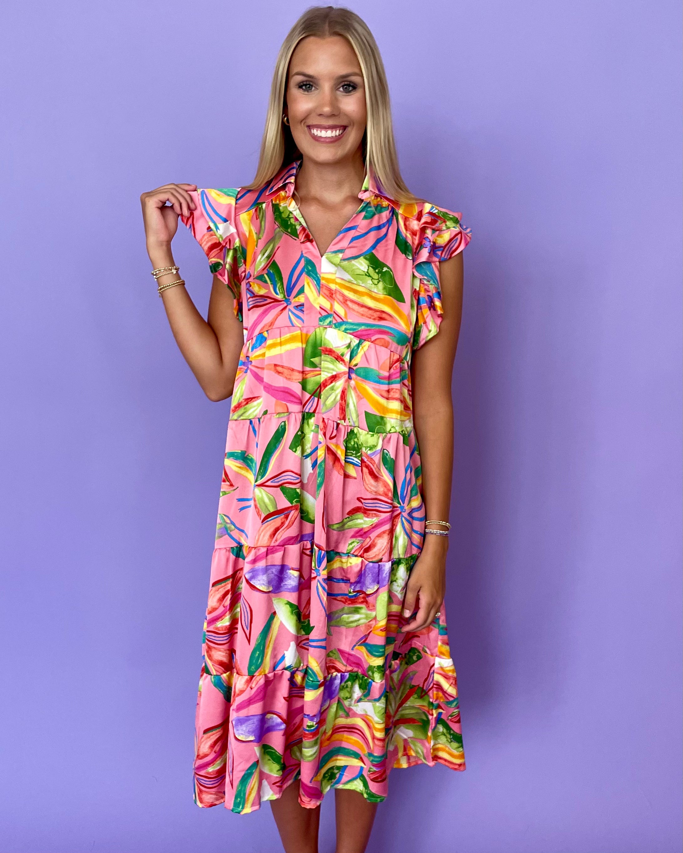 Vacay Bound Pink Mix Print Midi Dress-Shop-Womens-Boutique-Clothing