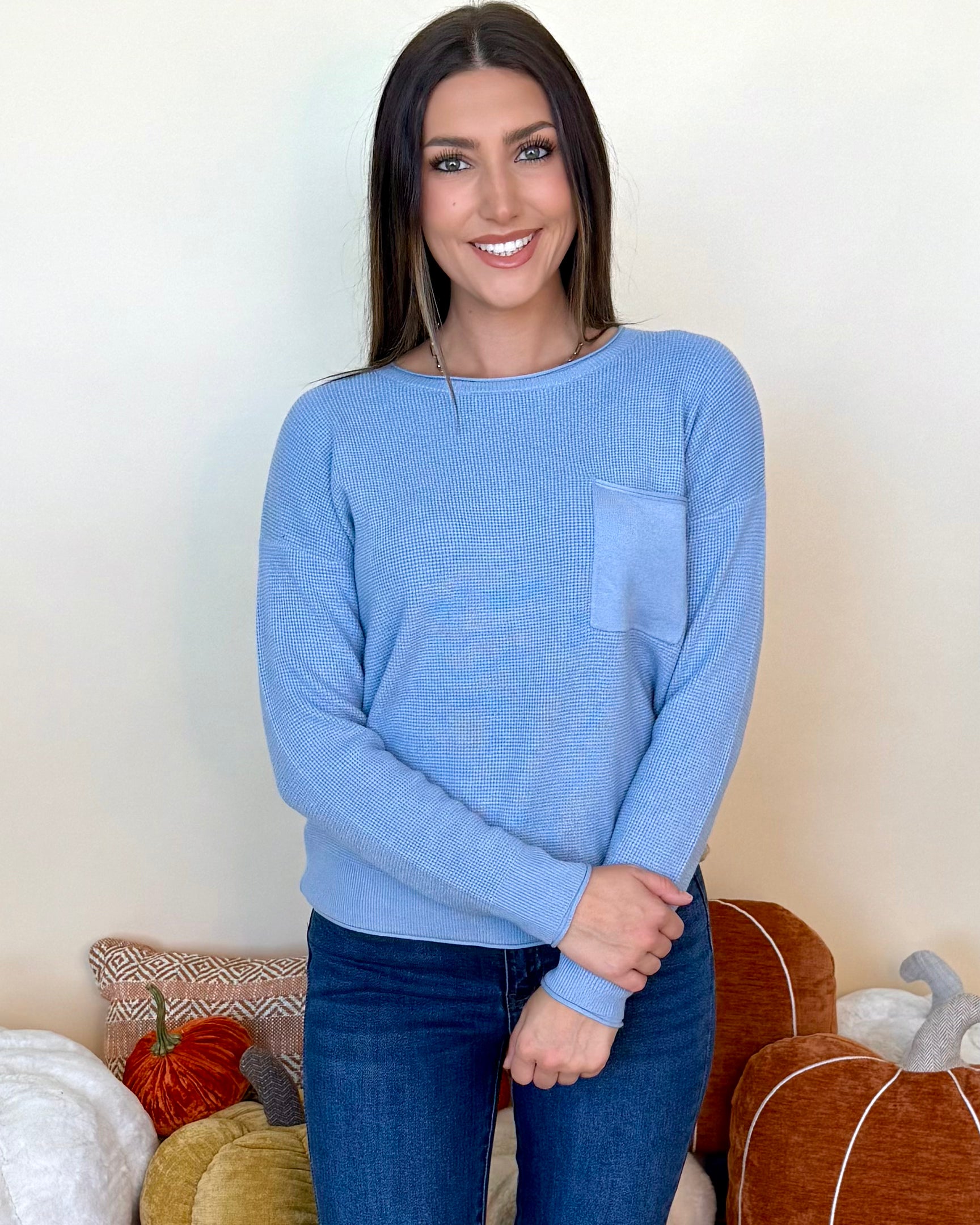Casual Hangout Lt.Blue Waffle Knit Crew Neck Sweater-Shop-Womens-Boutique-Clothing