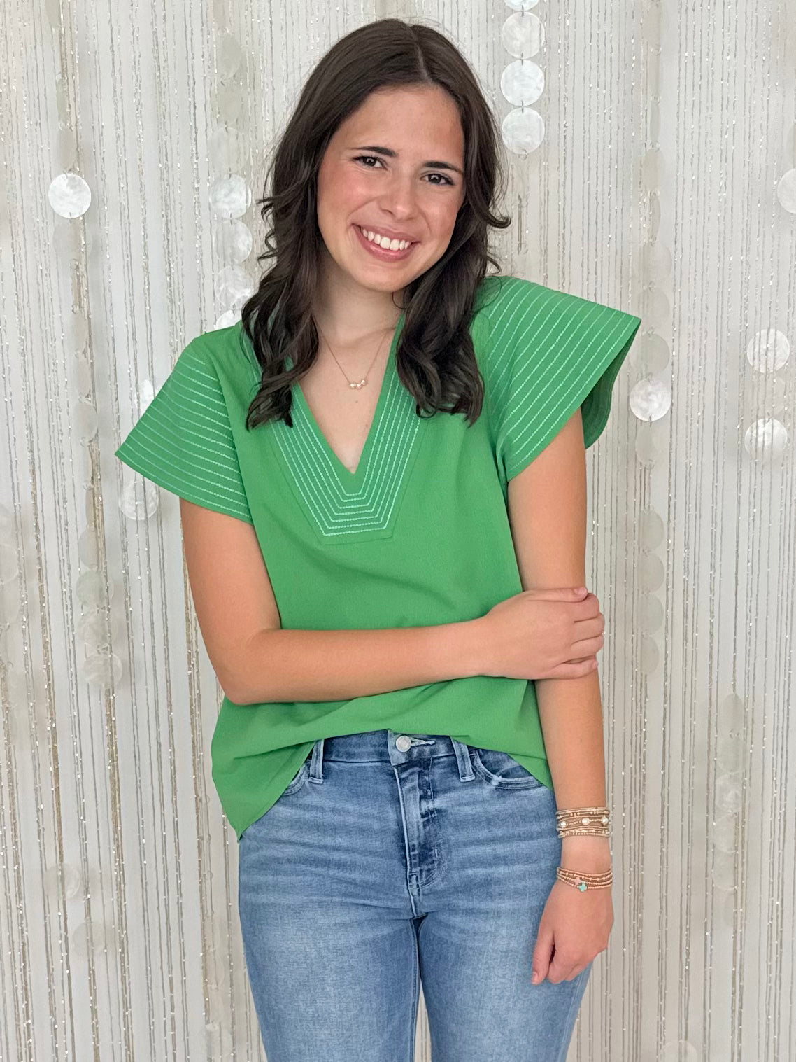 Metro Chic Kelly Green V-Neck Top-Shop-Womens-Boutique-Clothing