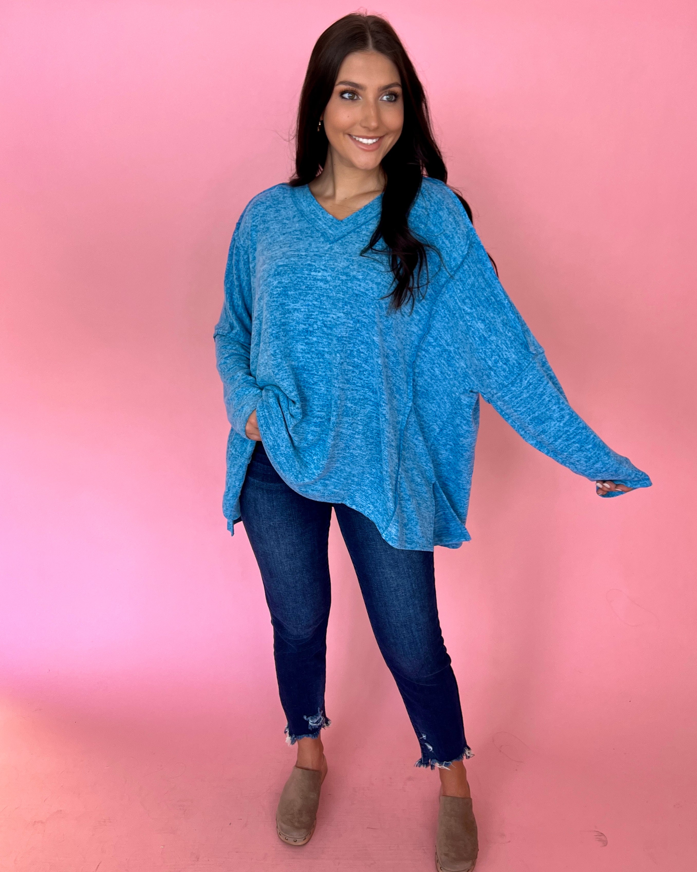 All For You Peri Blue Heathered V-neck Dolman Top-Shop-Womens-Boutique-Clothing