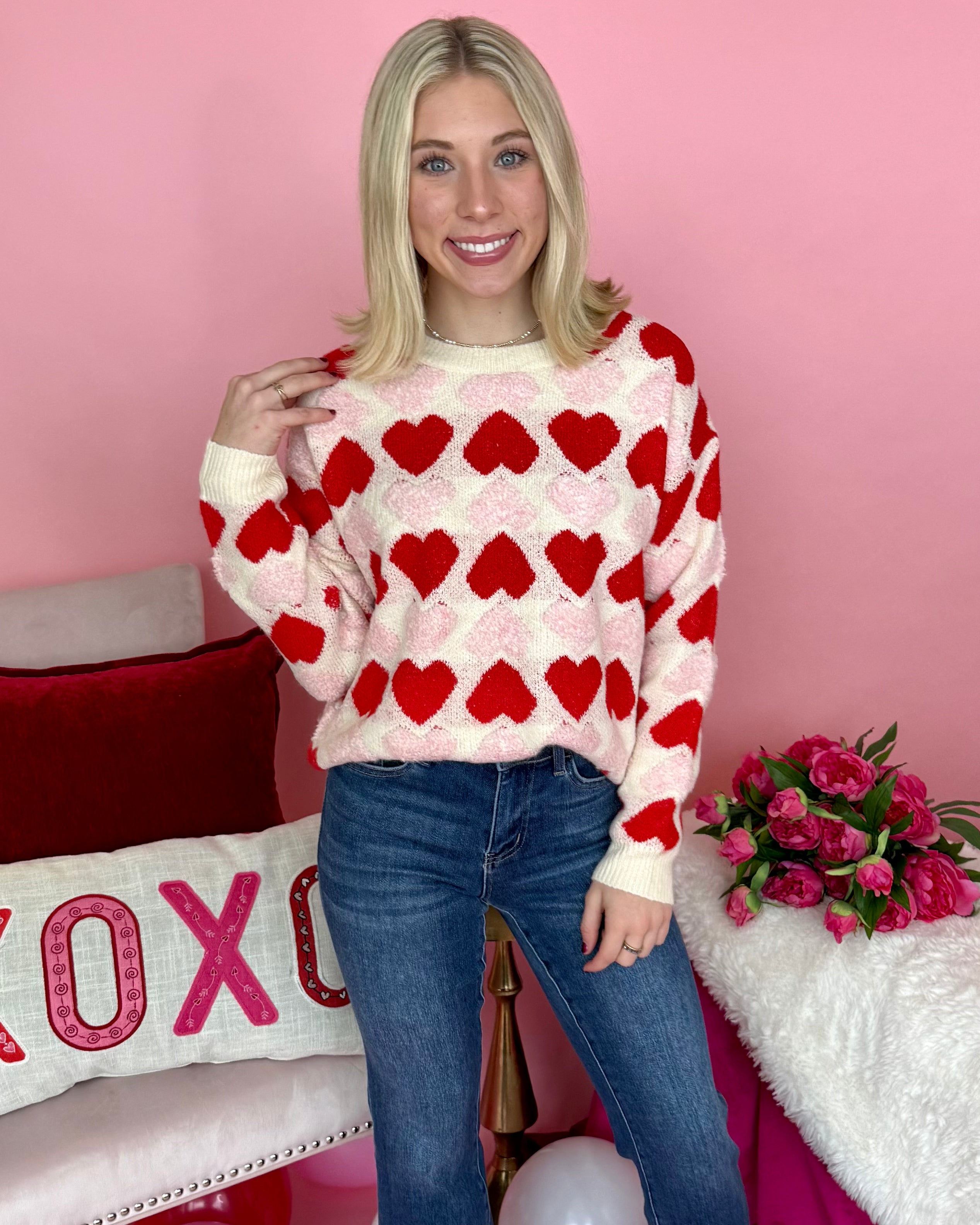 Just Mine Ivory/Blush/Red Heart Sweater-Shop-Womens-Boutique-Clothing