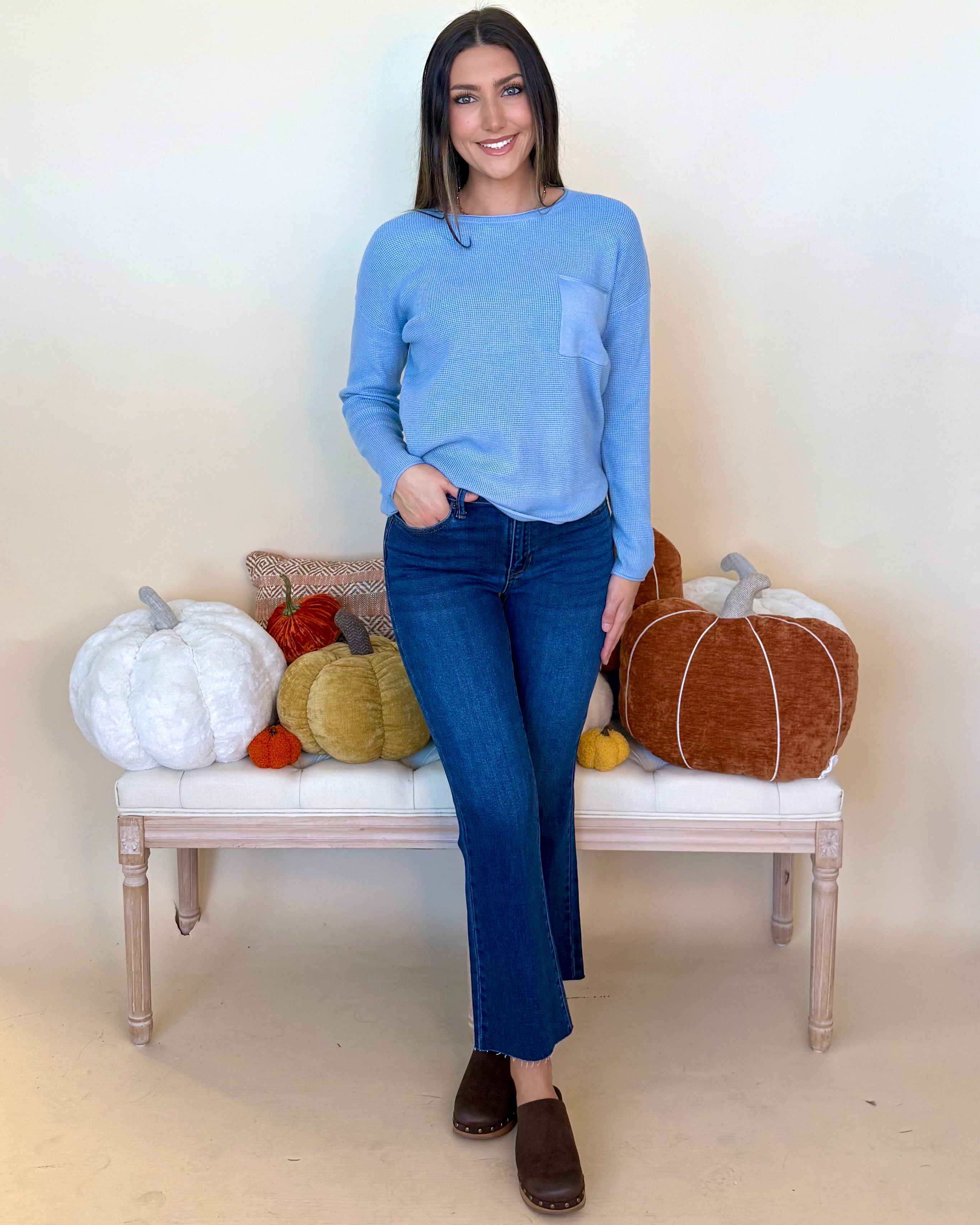 Casual Hangout Lt.Blue Waffle Knit Crew Neck Sweater-Shop-Womens-Boutique-Clothing