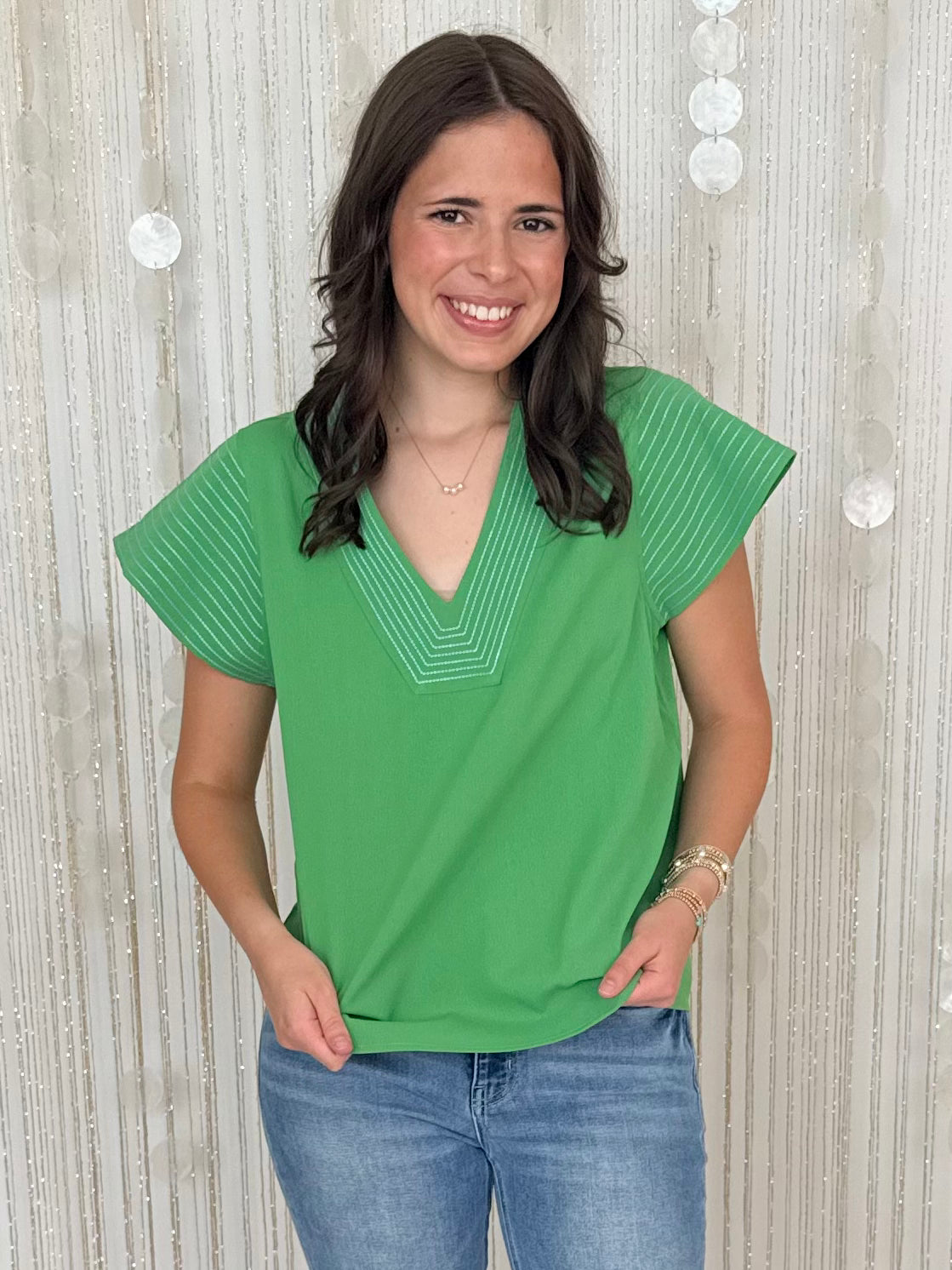 Metro Chic Kelly Green V-Neck Top-Shop-Womens-Boutique-Clothing