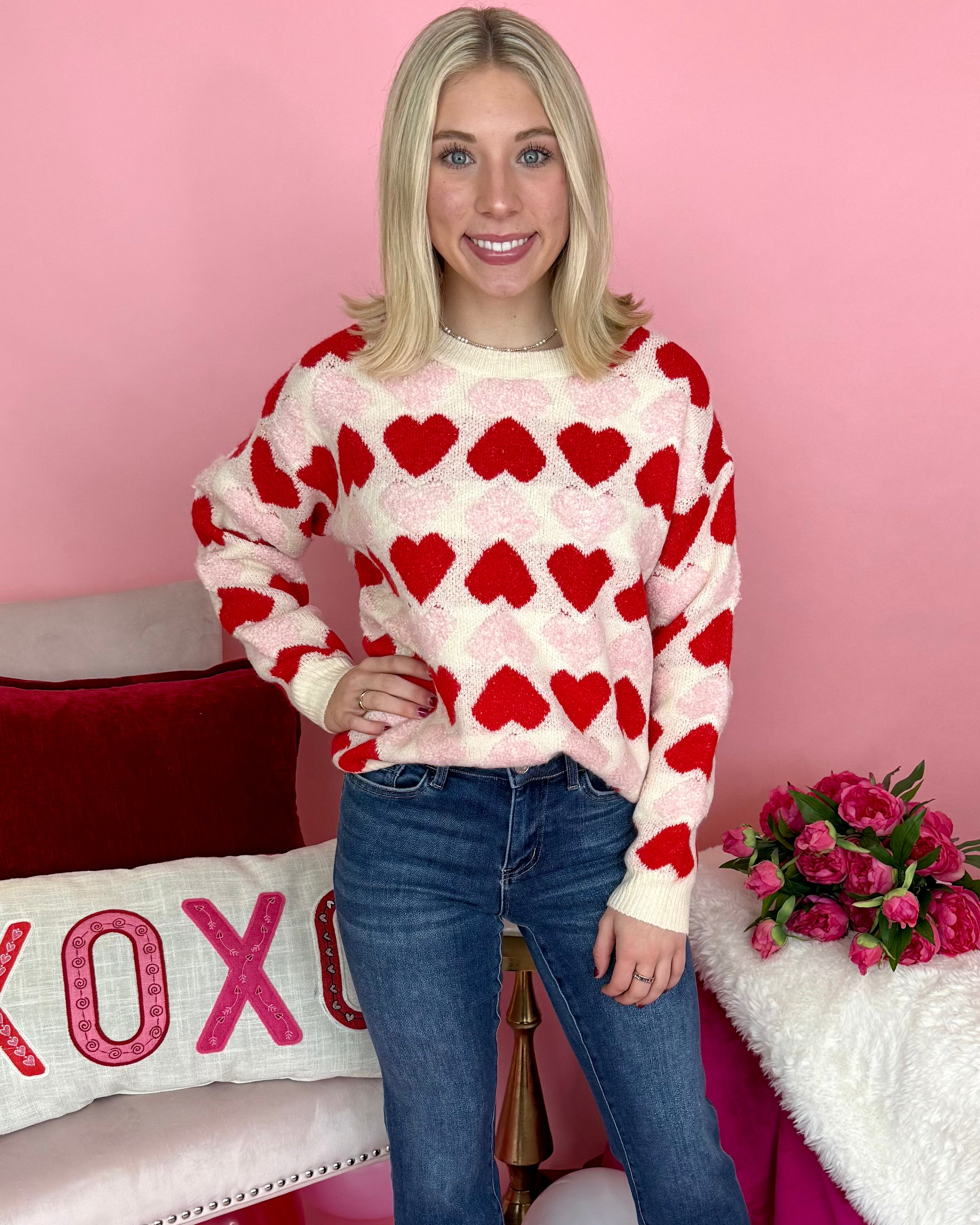 Just Mine Ivory/Blush/Red Heart Sweater-Shop-Womens-Boutique-Clothing