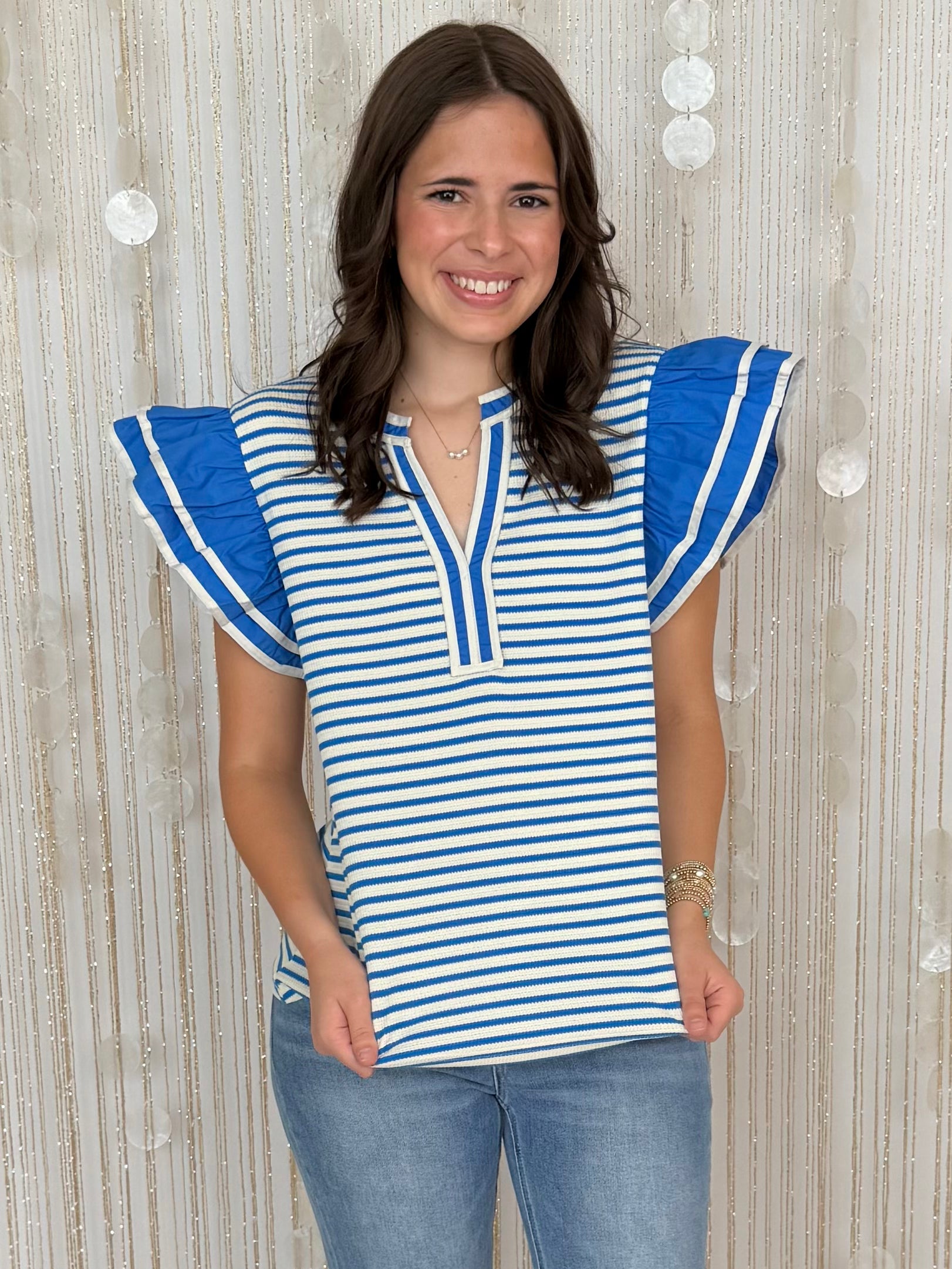 Sunny Refresh Blue Stripe Ruffle Sleeve Top-Shop-Womens-Boutique-Clothing