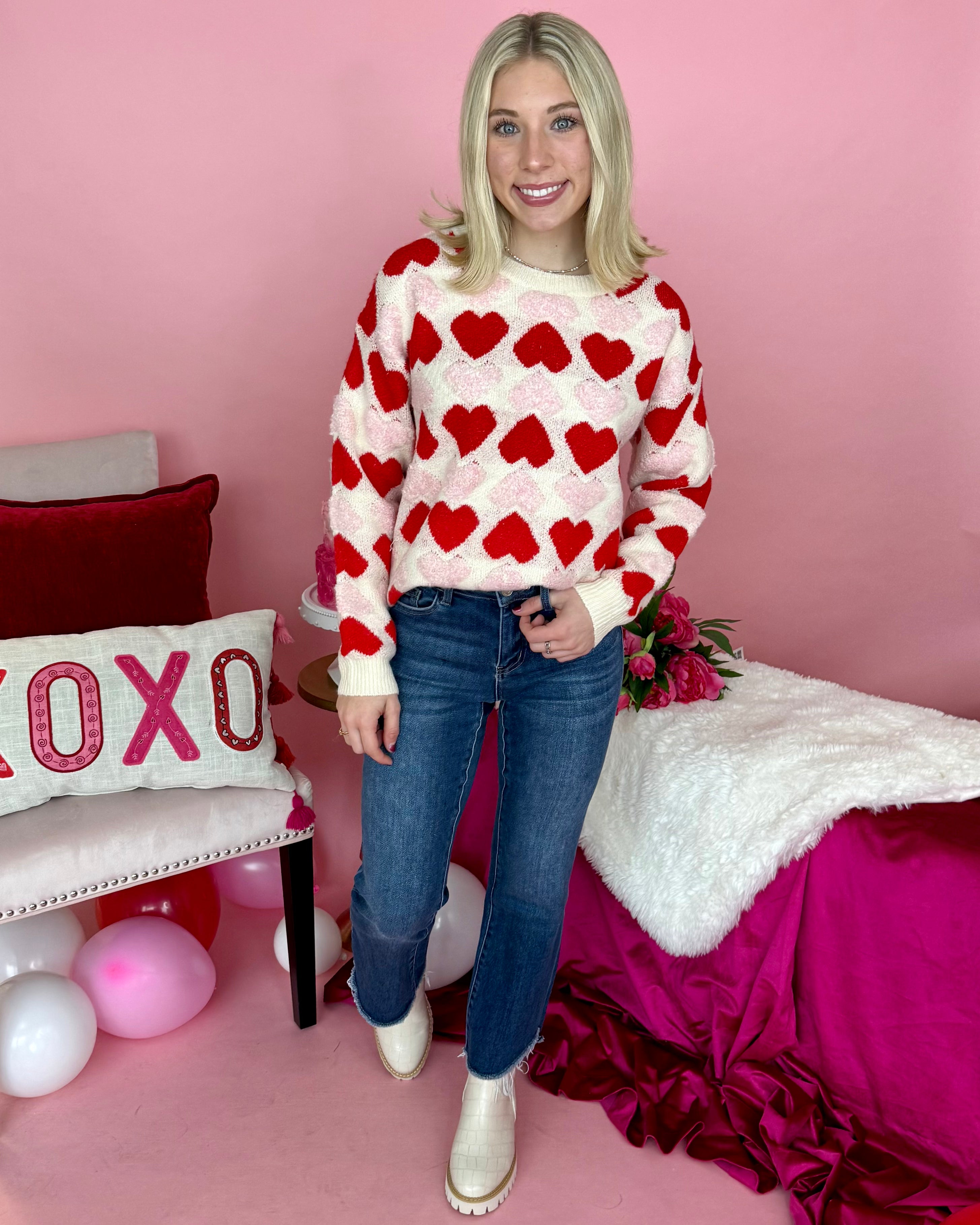 Just Mine Ivory/Blush/Red Heart Sweater-Shop-Womens-Boutique-Clothing