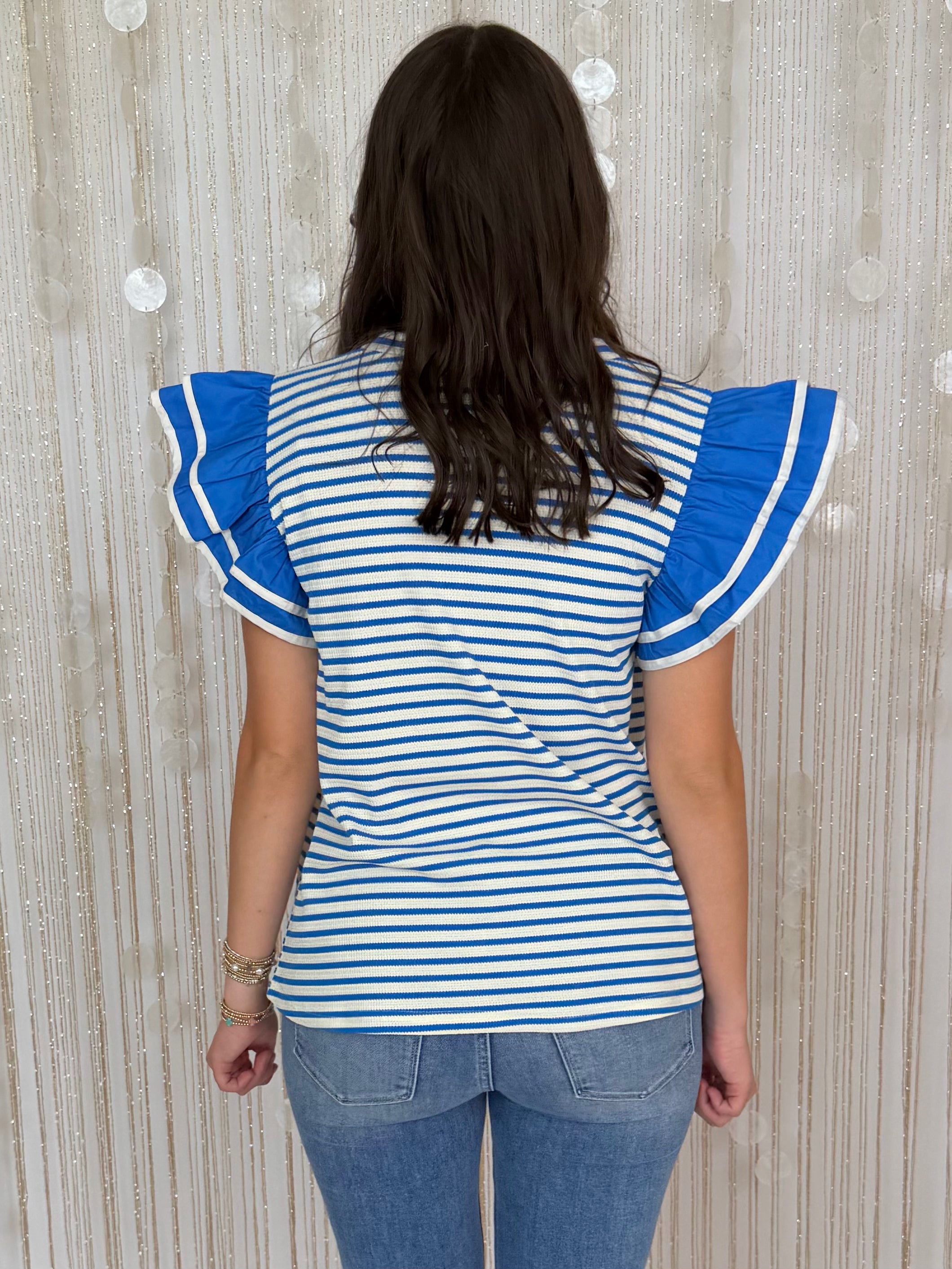Sunny Refresh Blue Stripe Ruffle Sleeve Top-Shop-Womens-Boutique-Clothing