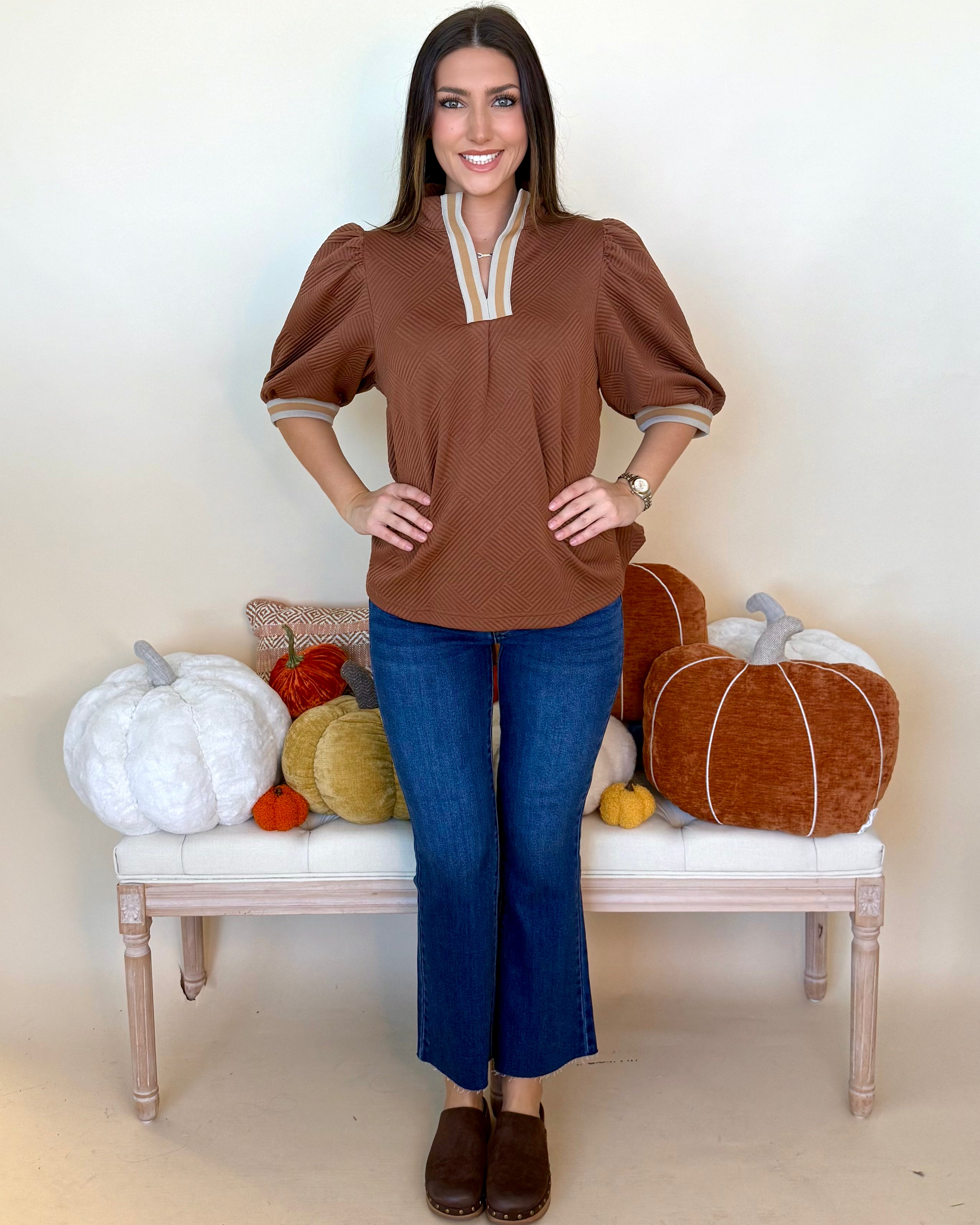 Skyline View Brown Jacquard Banded Top-Shop-Womens-Boutique-Clothing